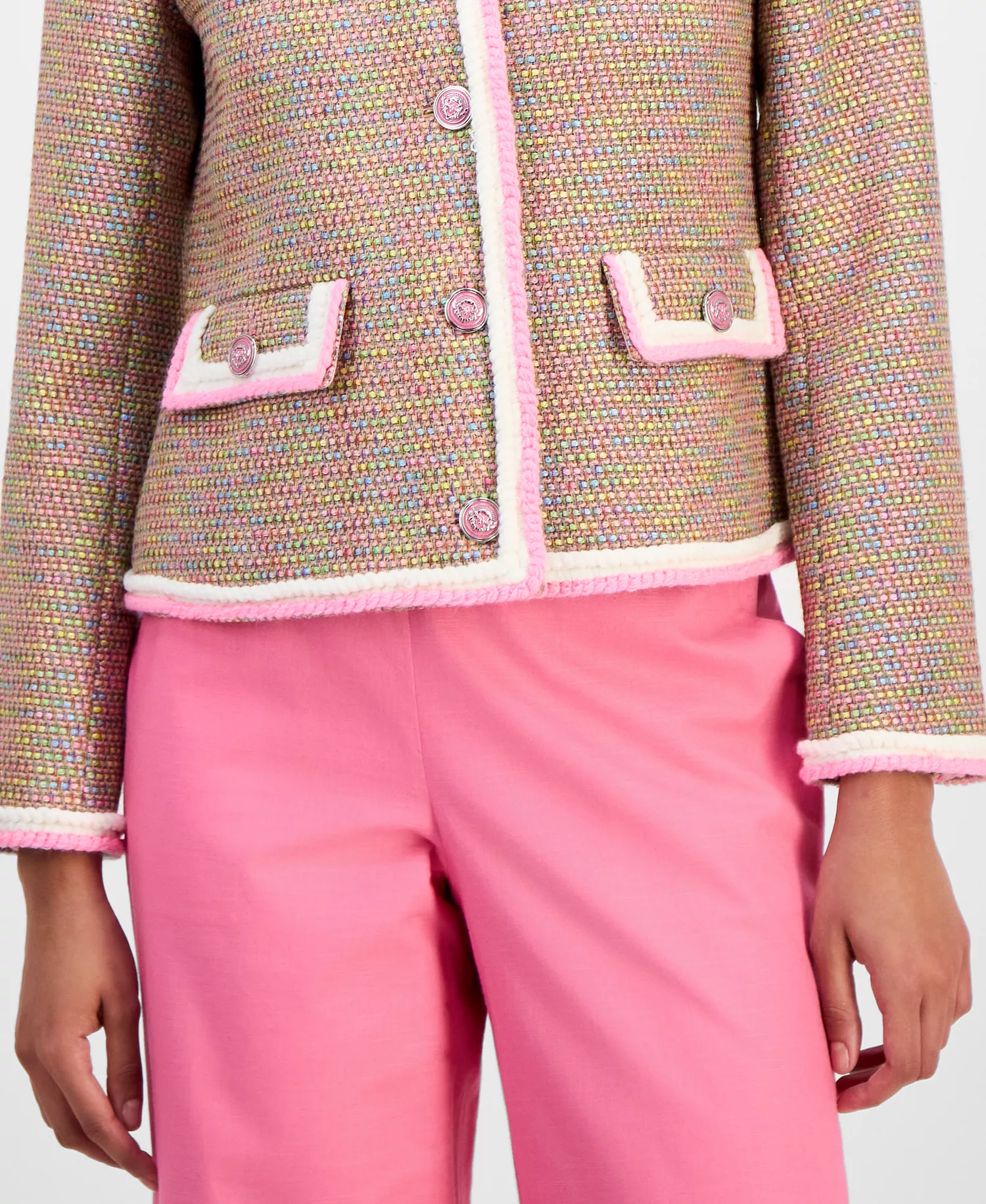 Women's Braided-Trim Crewneck Jacket - Pink Multi Tweed - L
