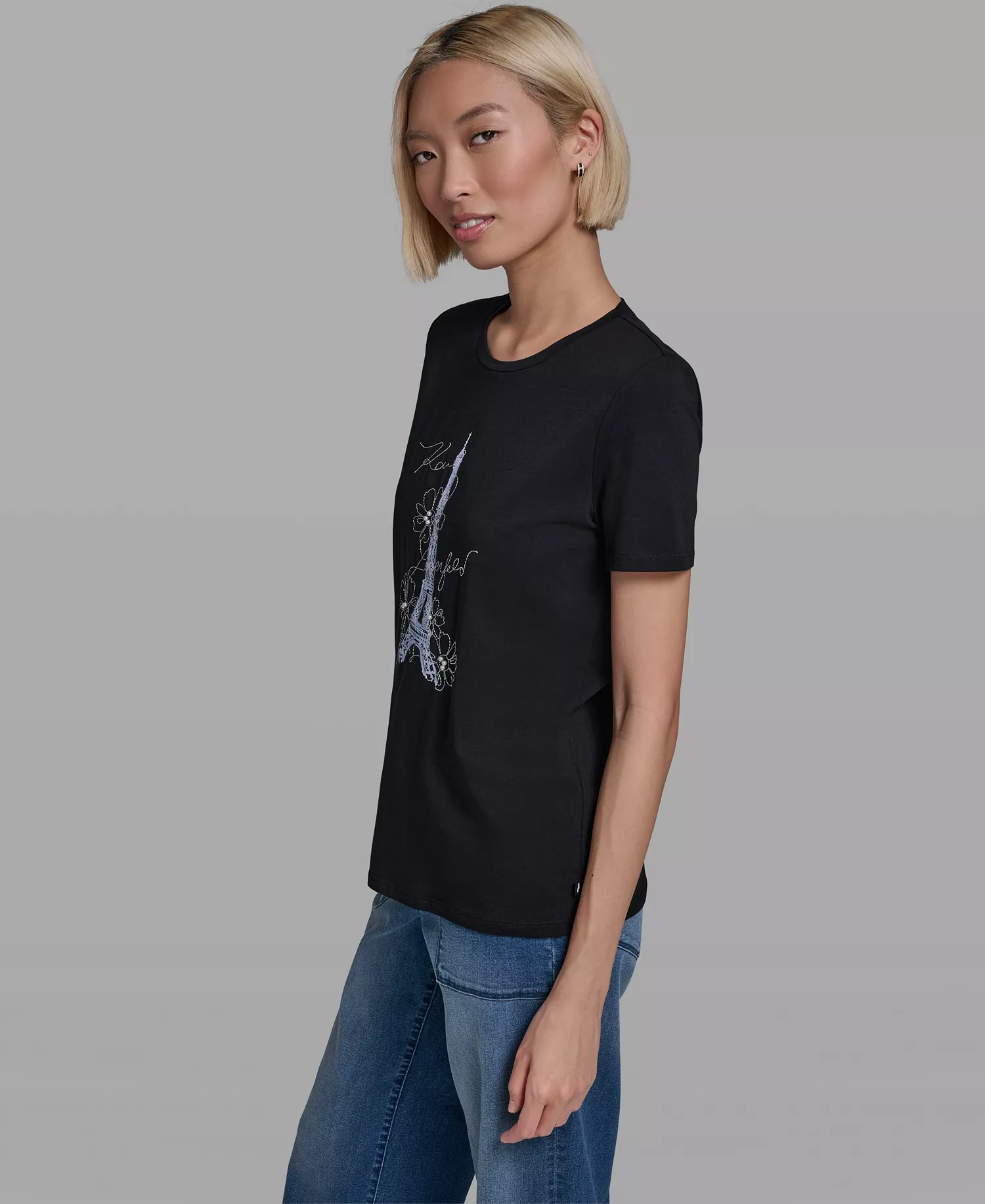 Women's Crew Neck Eiffel Tower T-Shirt - Black - L