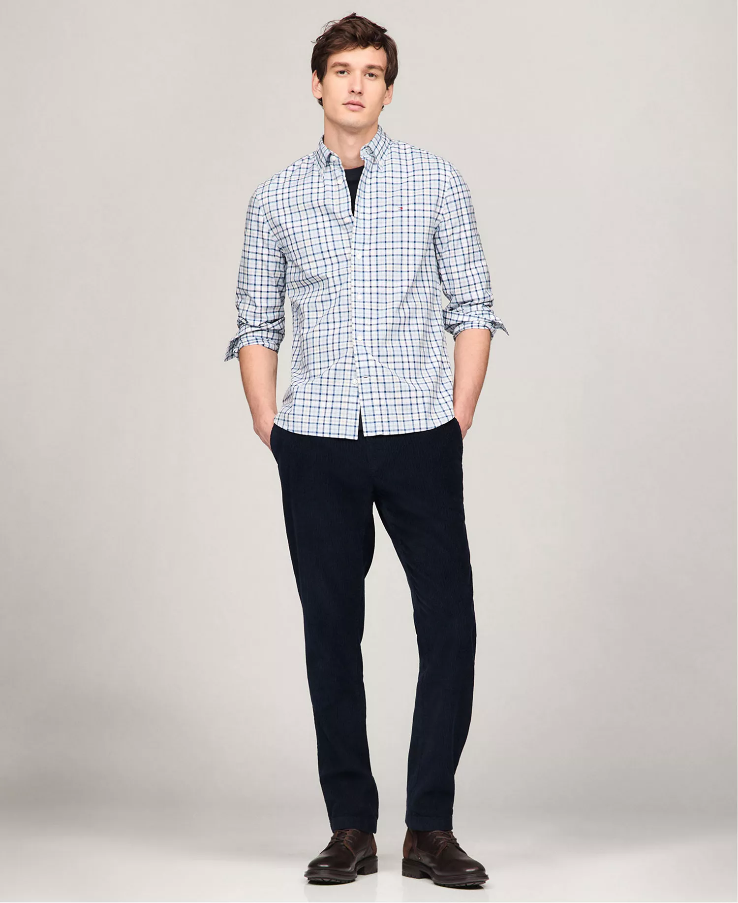Men's Flex Poplin Tartan Slim-Fit Long-Sleeve Shirt - Deep Indigo/ Breezy Blue Check - 3XLT