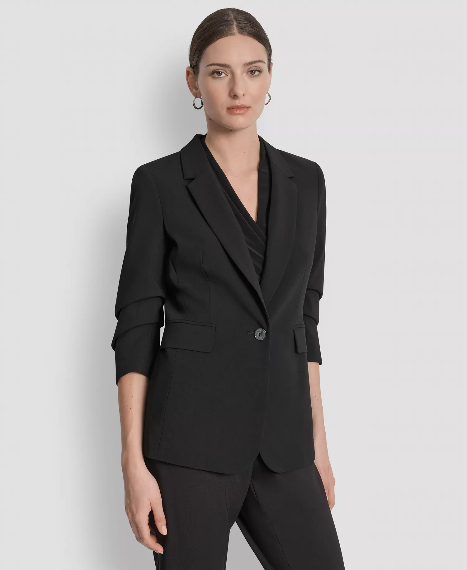 Women's Ruched-Sleeve One-Button Blazer - Black - 0