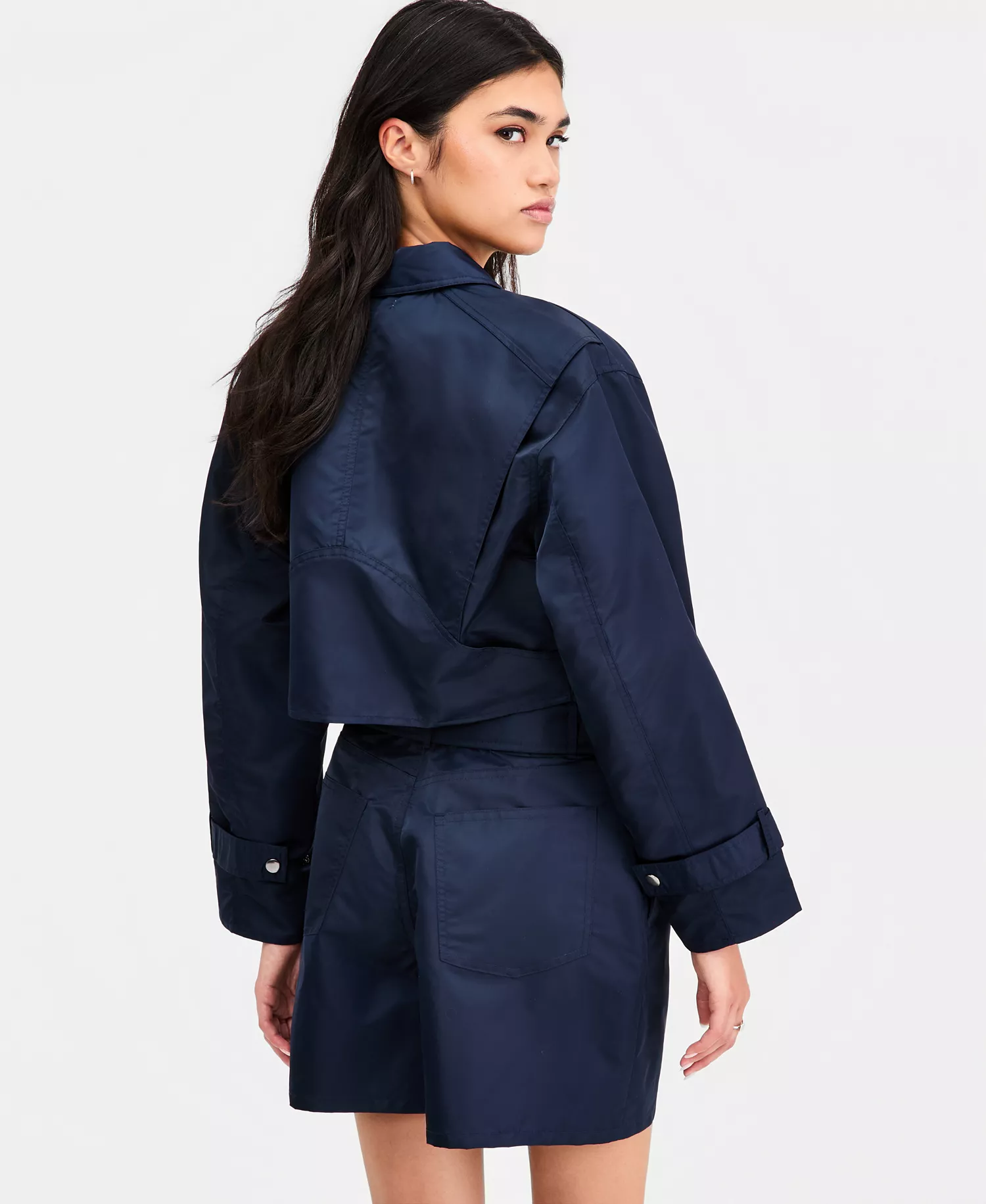 Women's Cropped Belted-Cuff Jacket, Macy's Exclusive - Navy - L