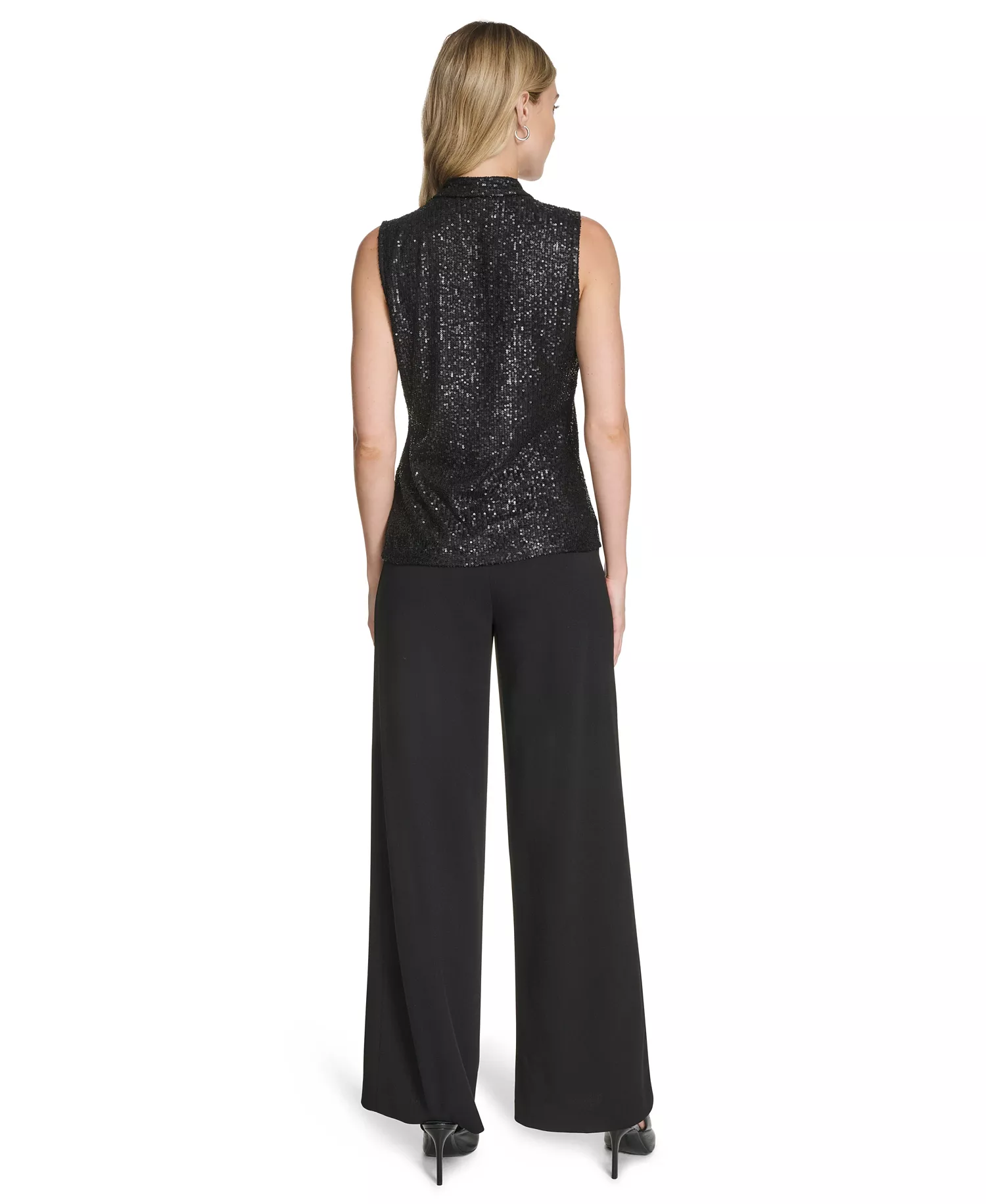 Women's Sequin Detail V-Neck Blouse - Black - L