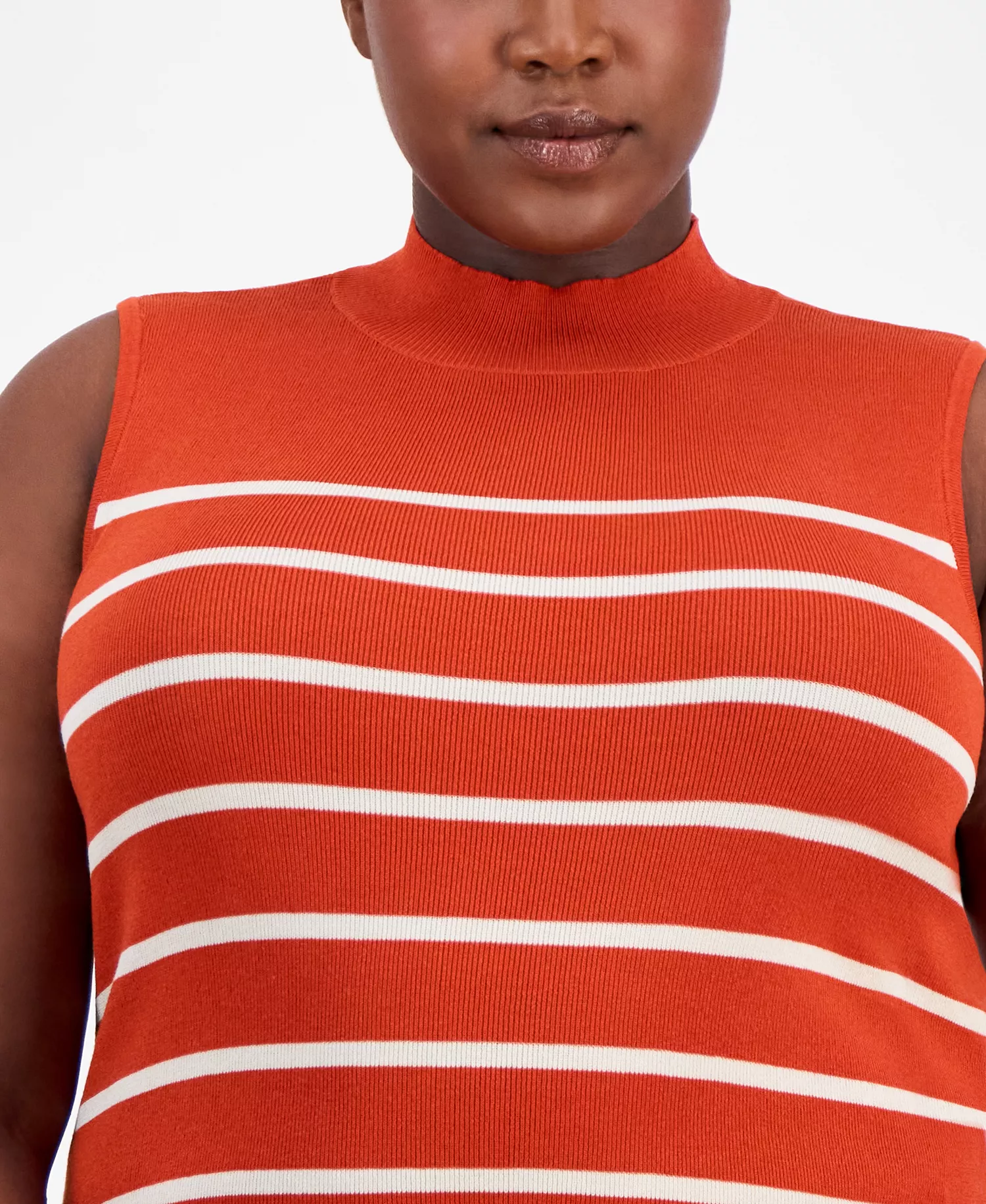 Plus Size Striped Mock-Neck Sleeveless Sweater - Persimmon - 1X