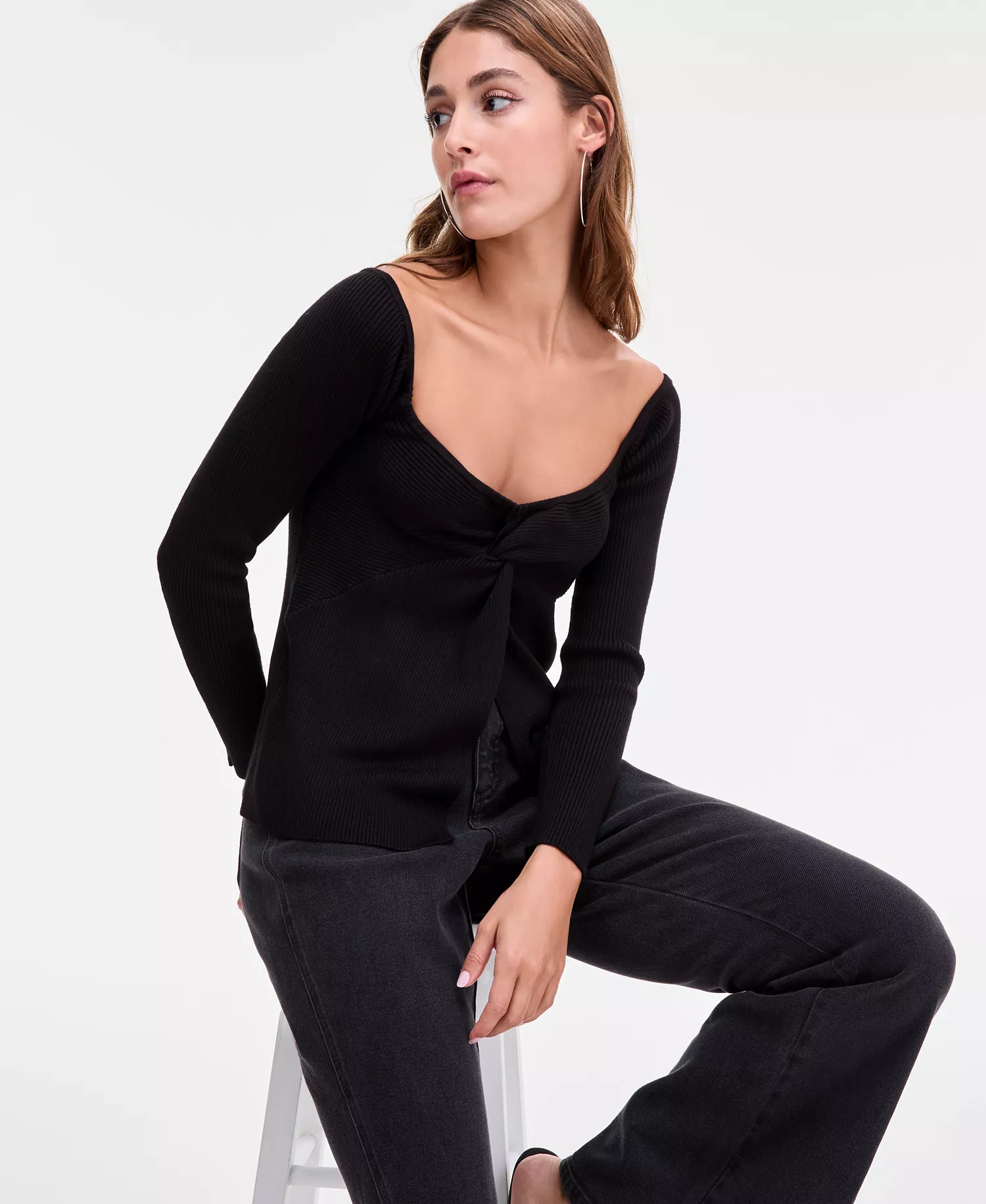 Women's Twist-Front Ribbed Knit Sweater, Macy's Exclusive  - Deep Black - XXS