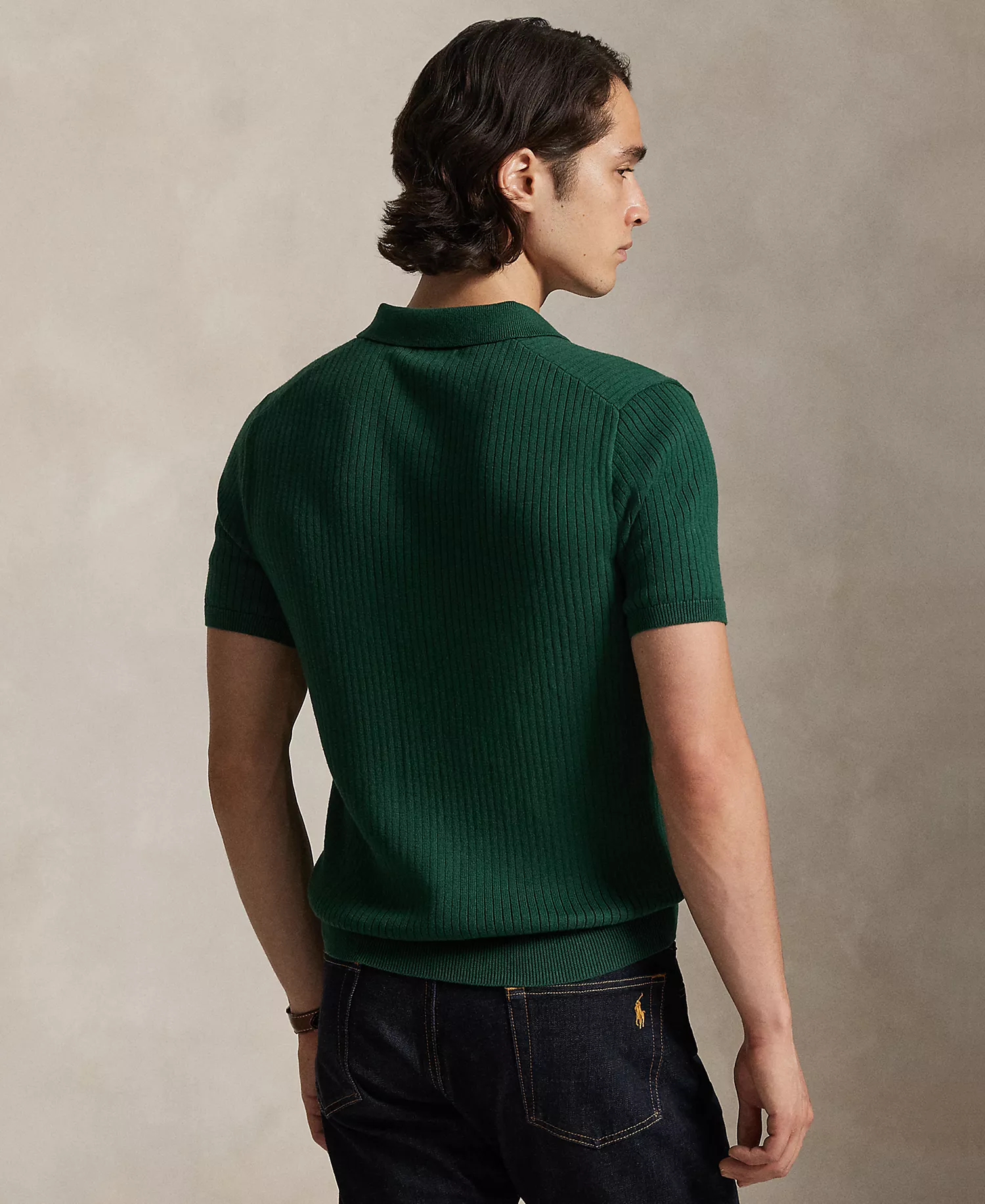 Men's Rib-Knit Cotton Polo-Collar Sweater - Vintage Pine - XS