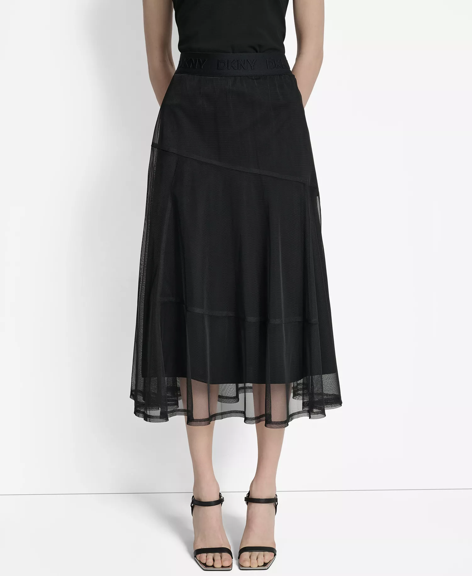 Women's Layered Mesh Logo-Tape Midi Skirt - Black - L