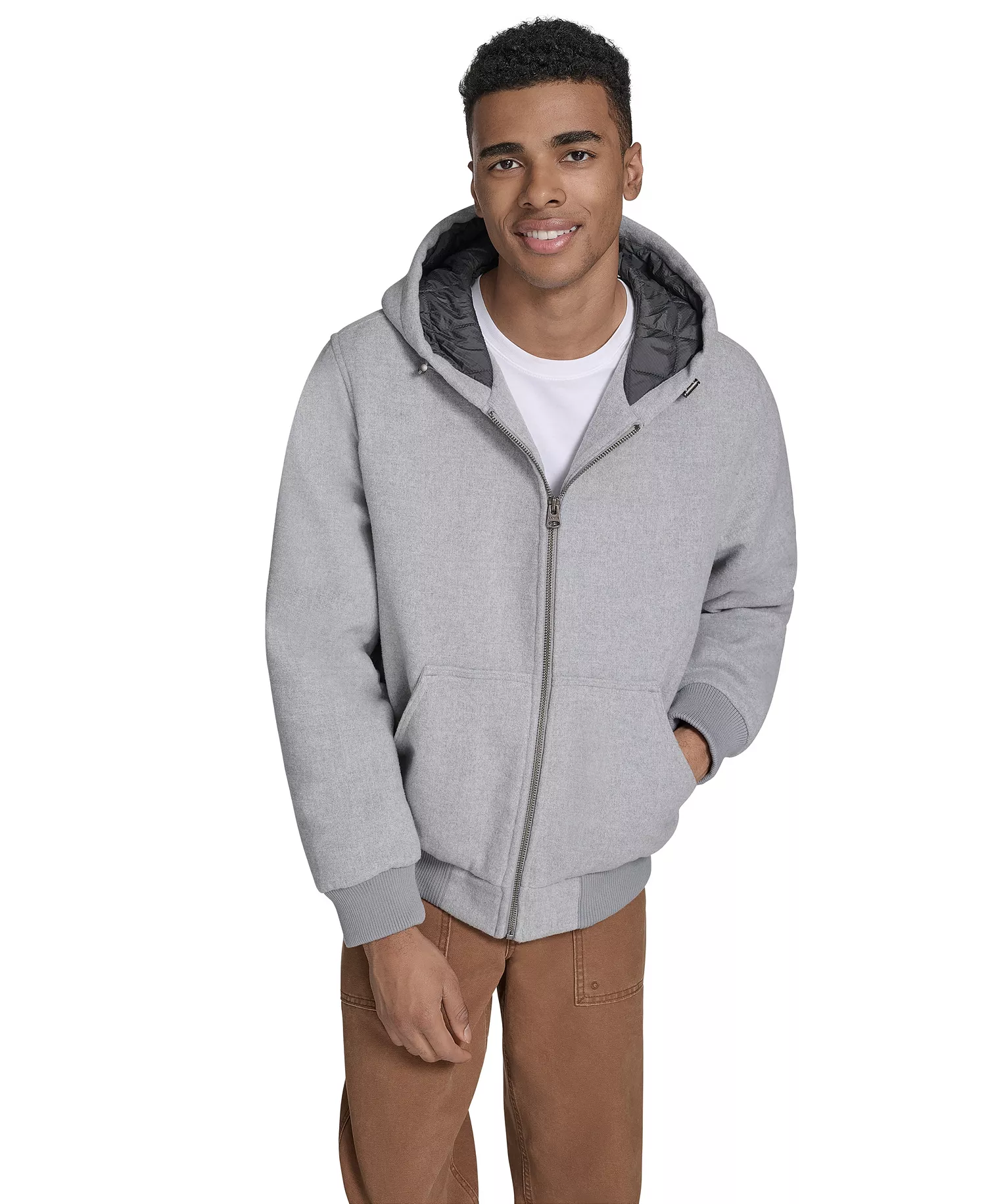 Men's Wool-Blend Hooded Bomber Jacket - Gray - 2XL