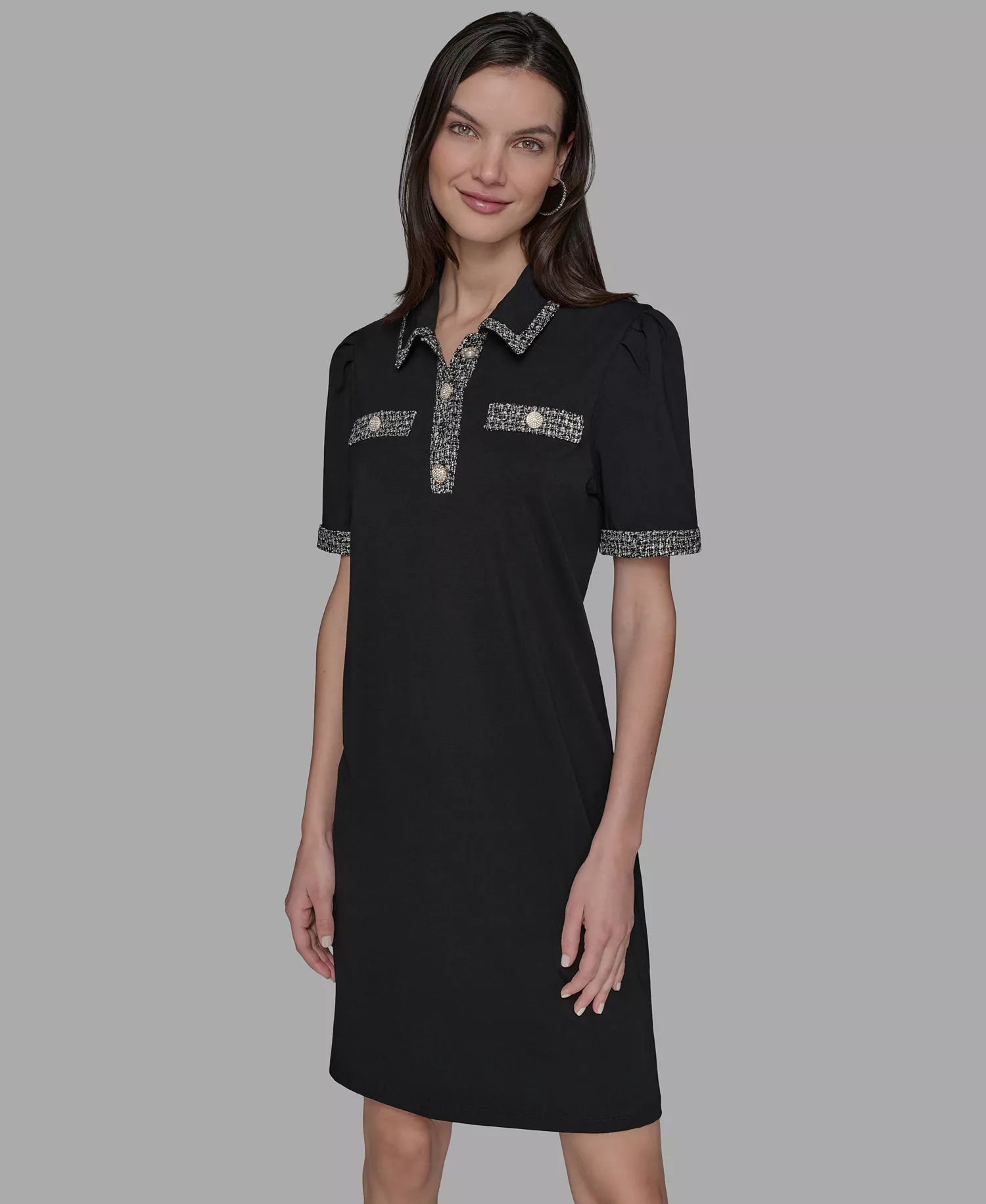 Women's Tweed-Trim Button-Front Dress - Black - L