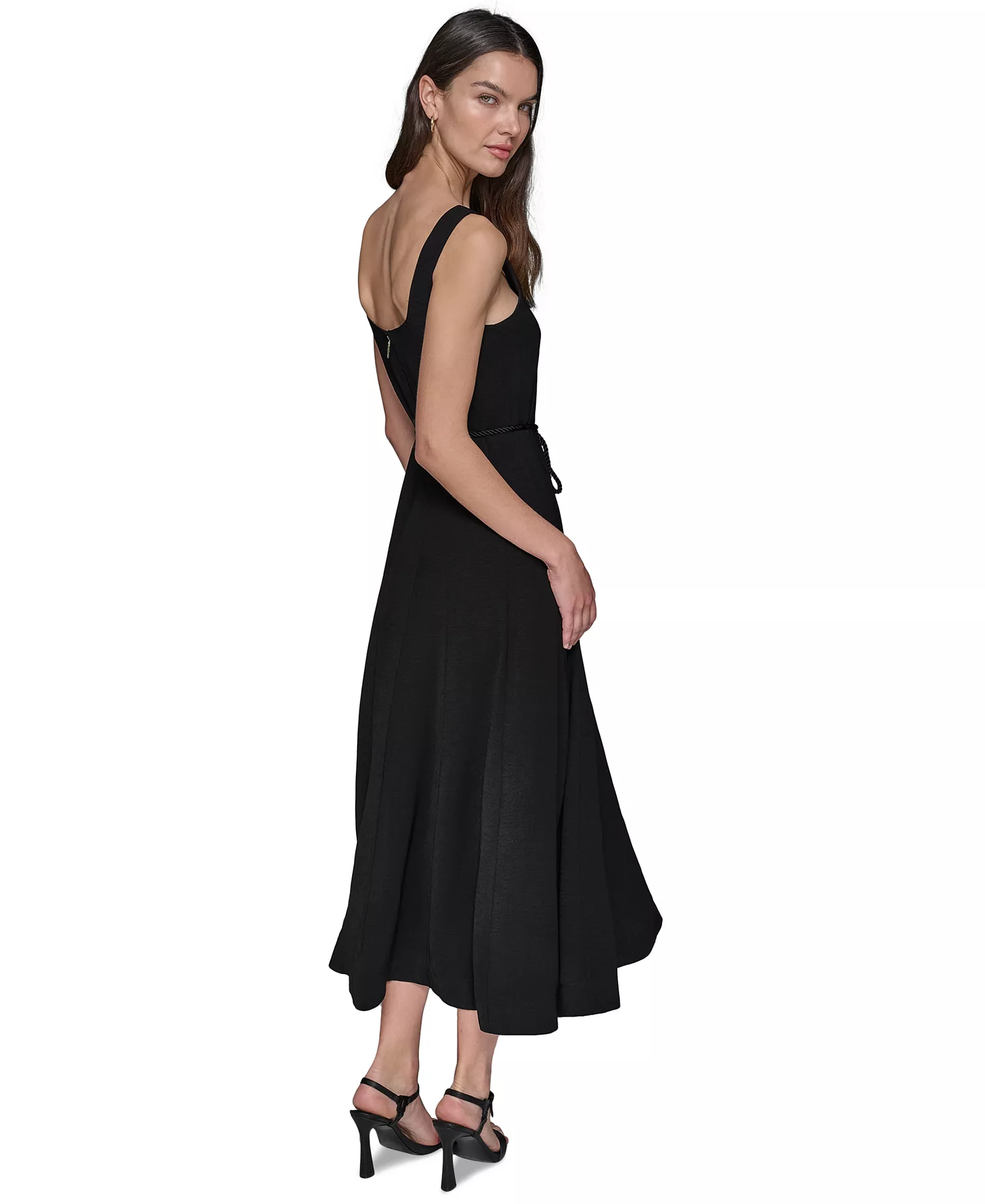 Women's Scoop-Neck Belted Sleeveless Midi Dress - Black - 0