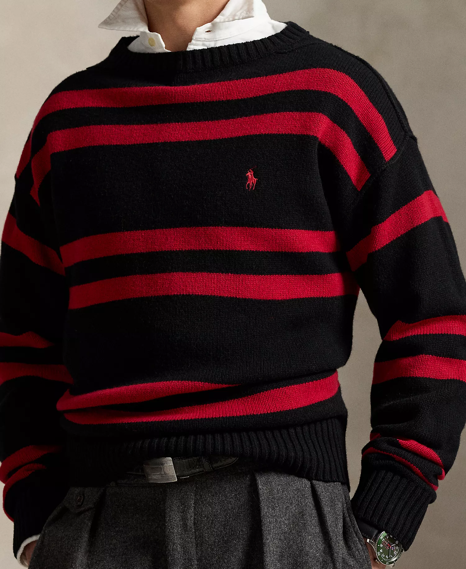 Men's Striped Wool Sweater - Polo Black Combo - 2XL