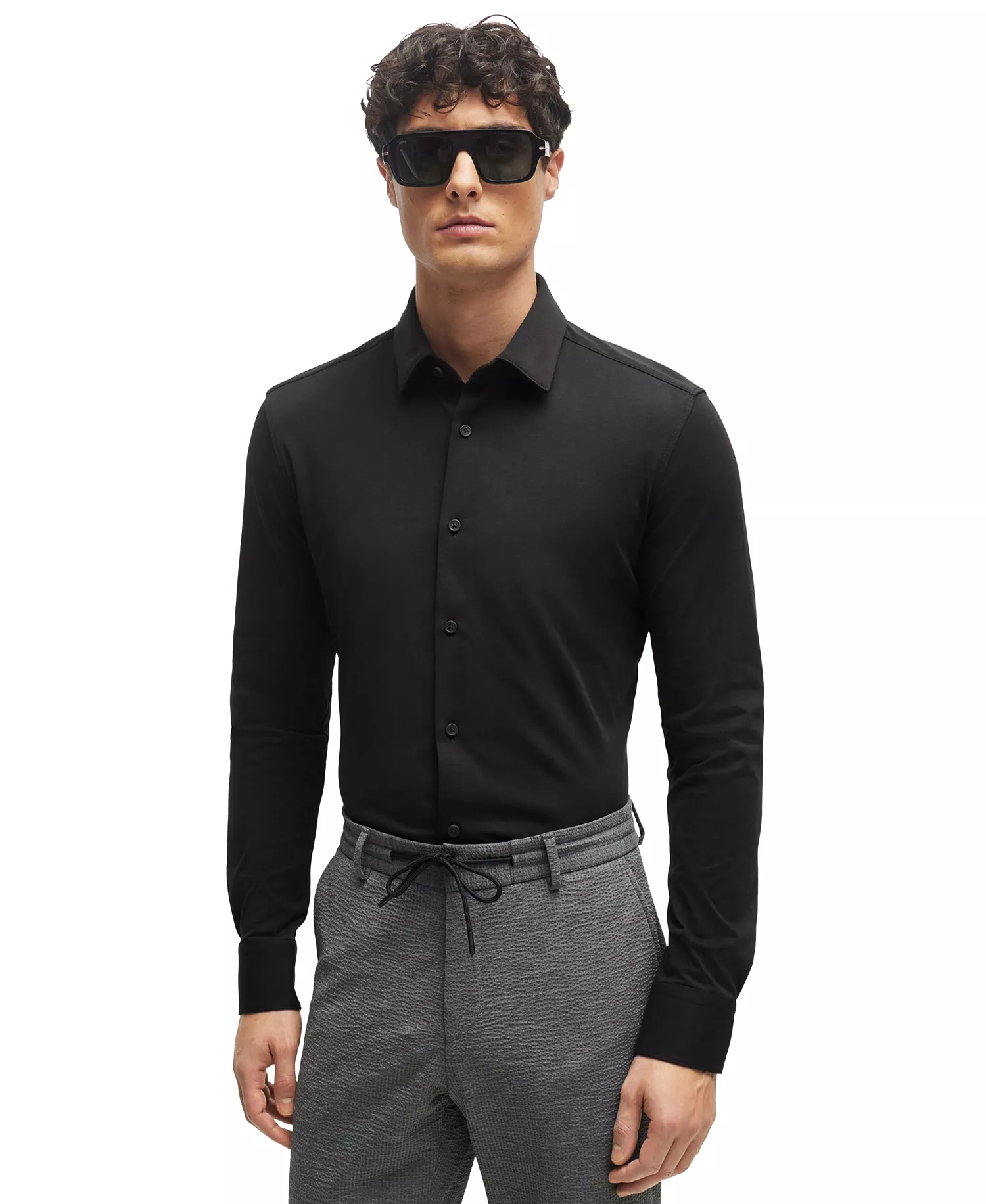 Men's Performance-Stretch Slim-Fit Dress Shirt - Black - 15