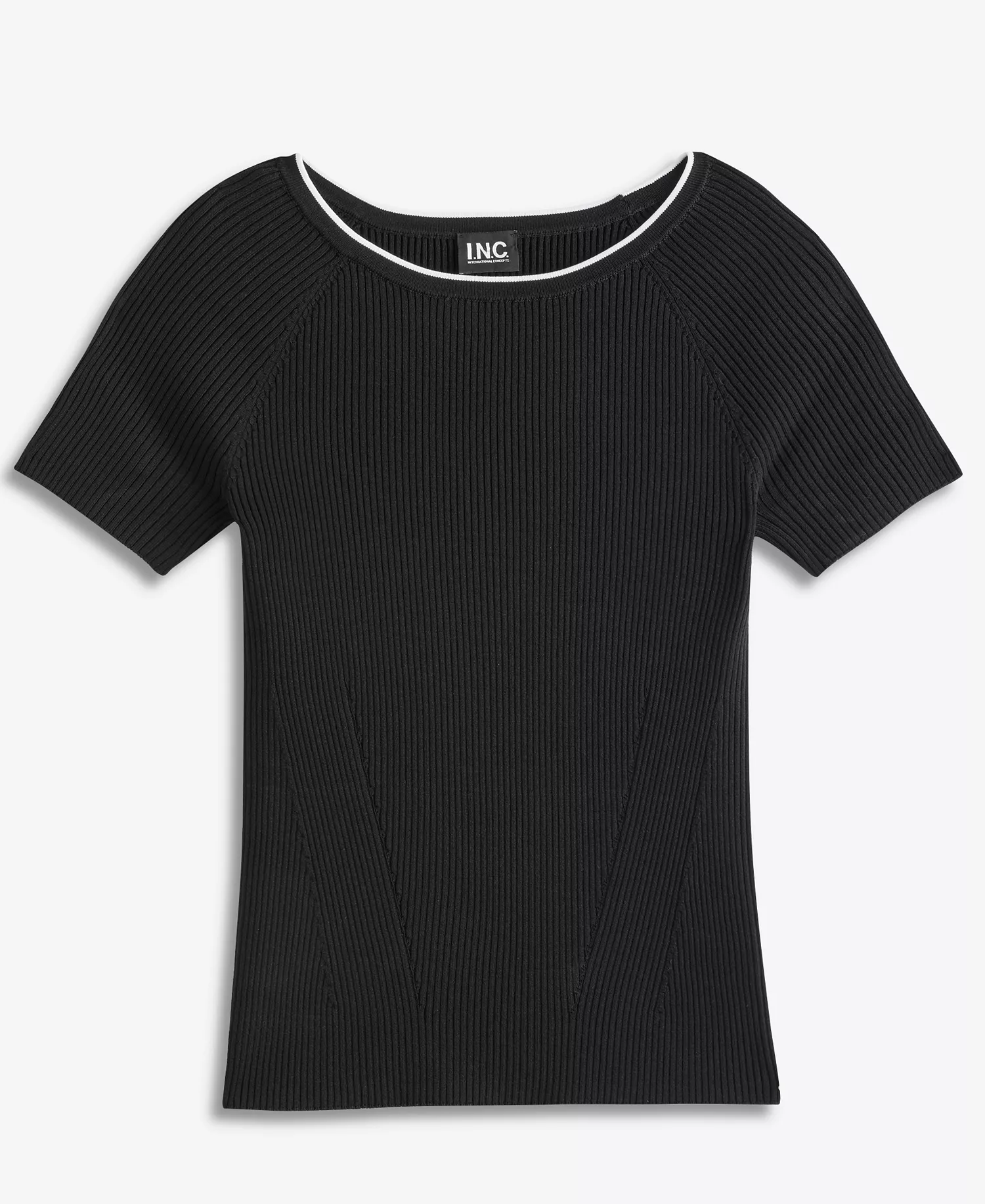 Women's Rib-Knit Short-Sleeve Sweater, Macy's Exclusive - Deep Blk W Whit - L