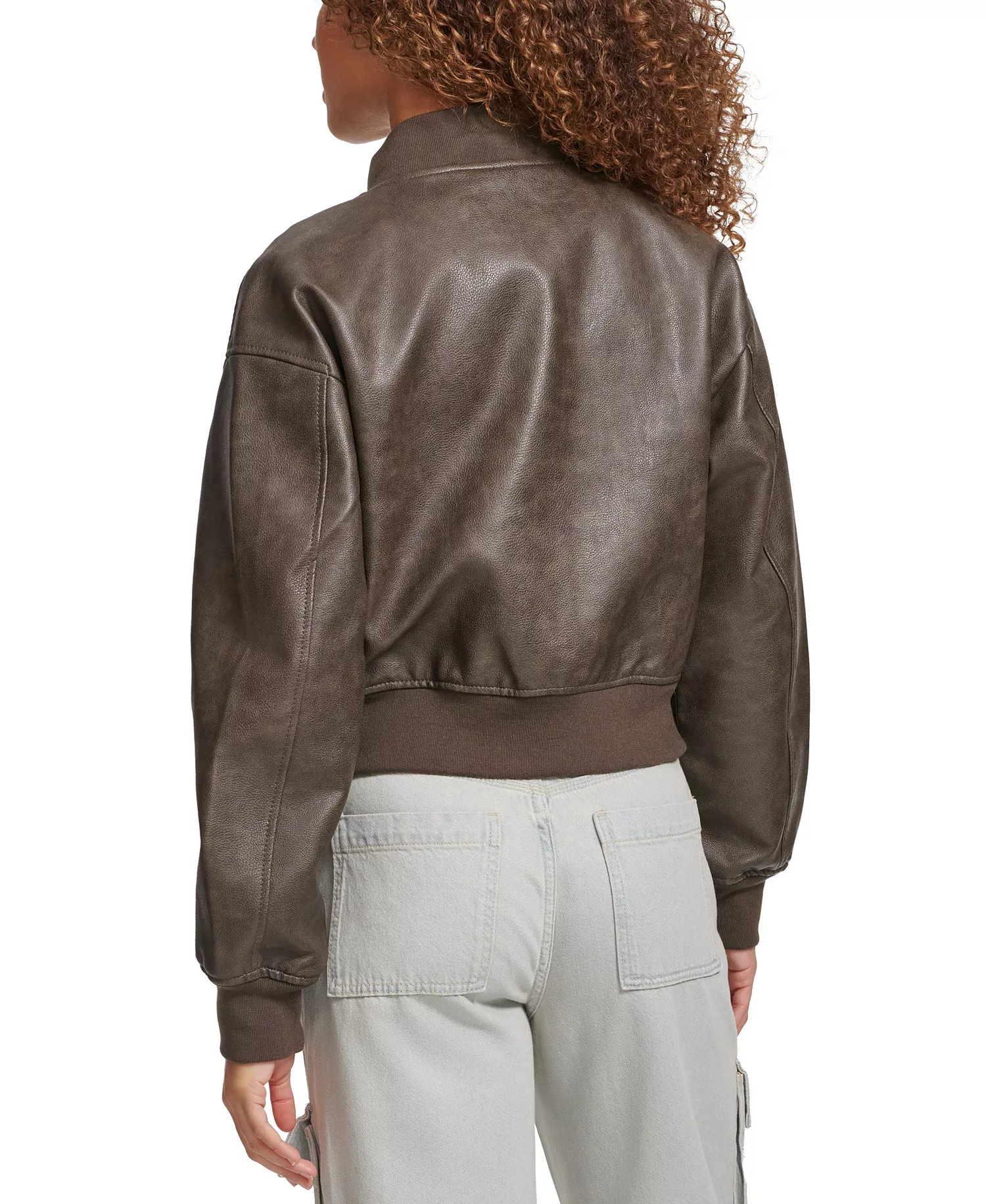 Women's Faux Leather Varsity Bomber Jacket - Ash - L