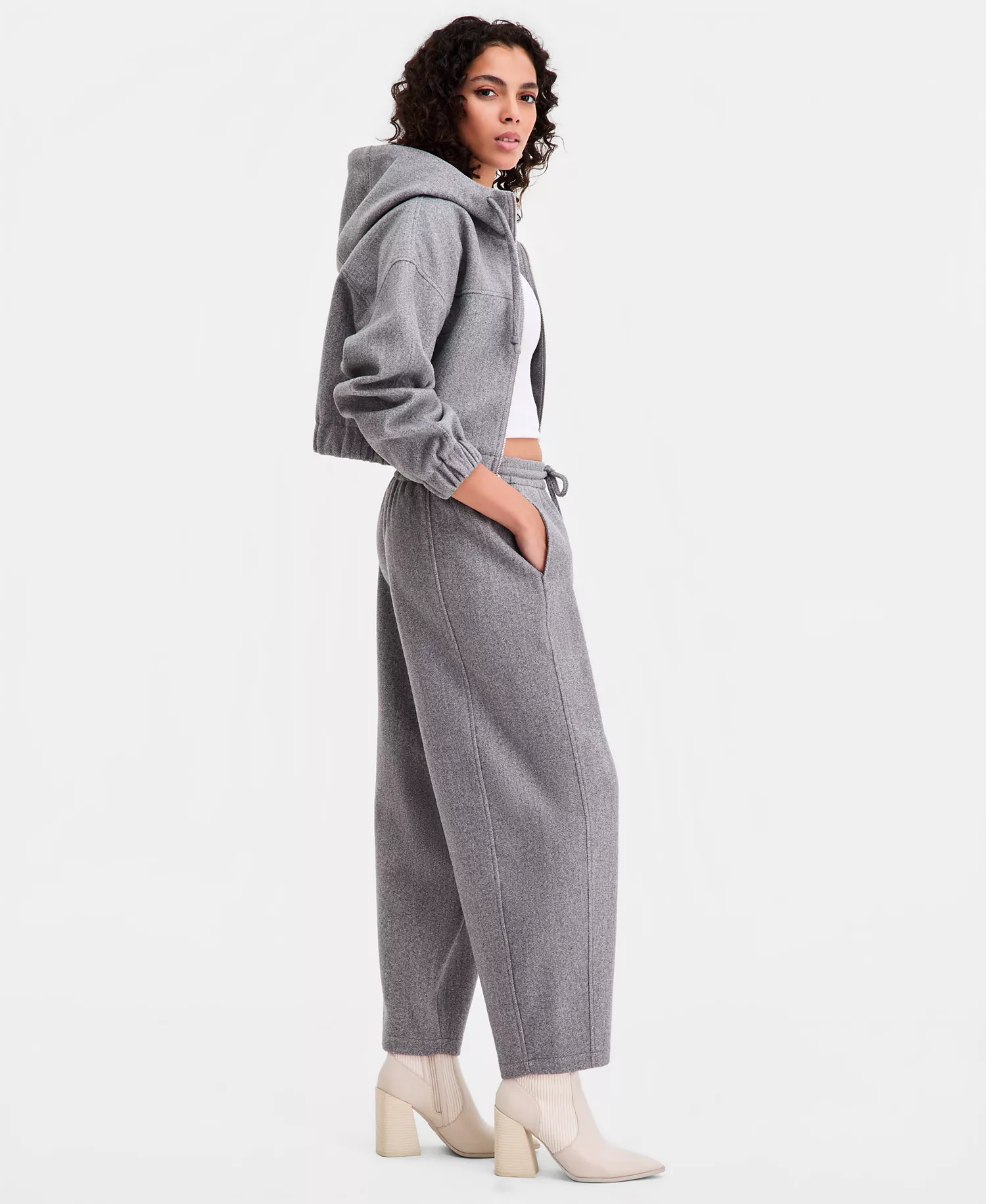 Women's Felt Barrel-Leg Drawstring Pants, Macy's Exclusive - Lt Heather Grey - L