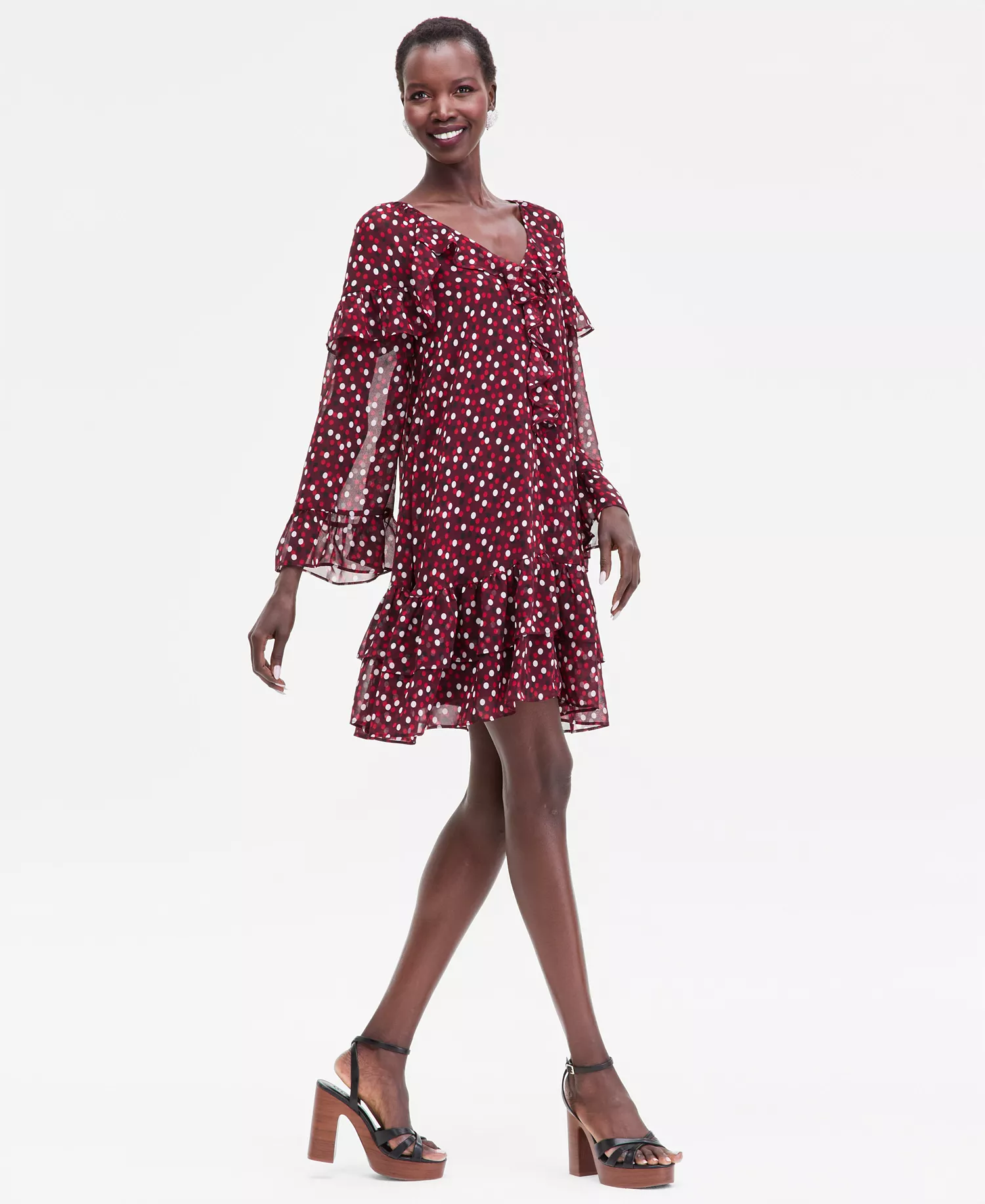 Women's Ruffle-Trim Bell-Sleeve Dress, Macy's Exclusive  - Ari Dots - L