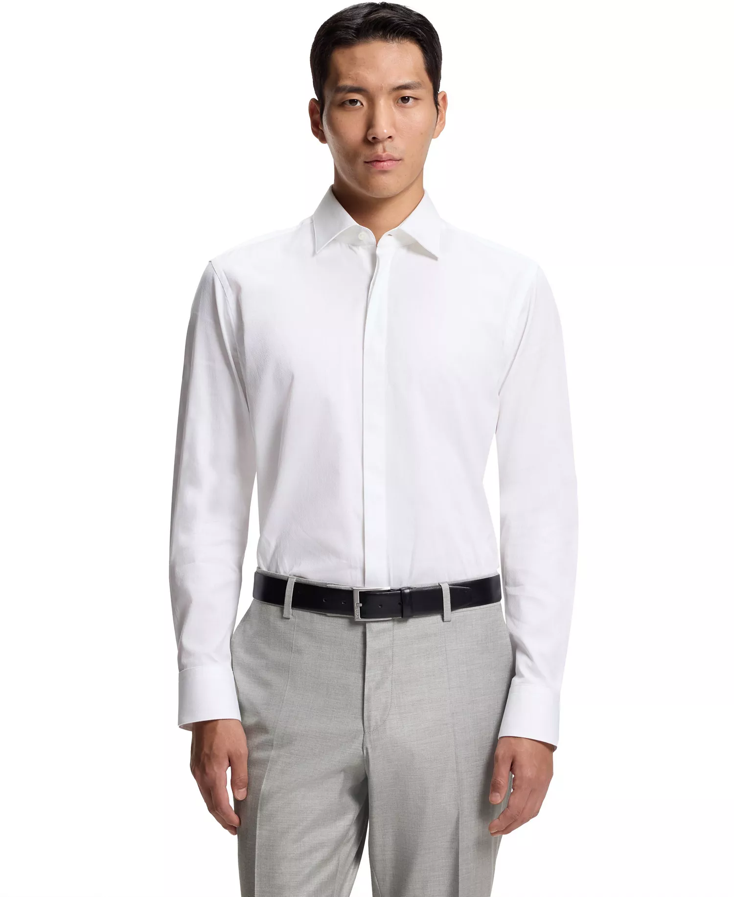 Men's Cotton Monogram-Jacquard Regular-Fit Dress Shirt - White - 14.5