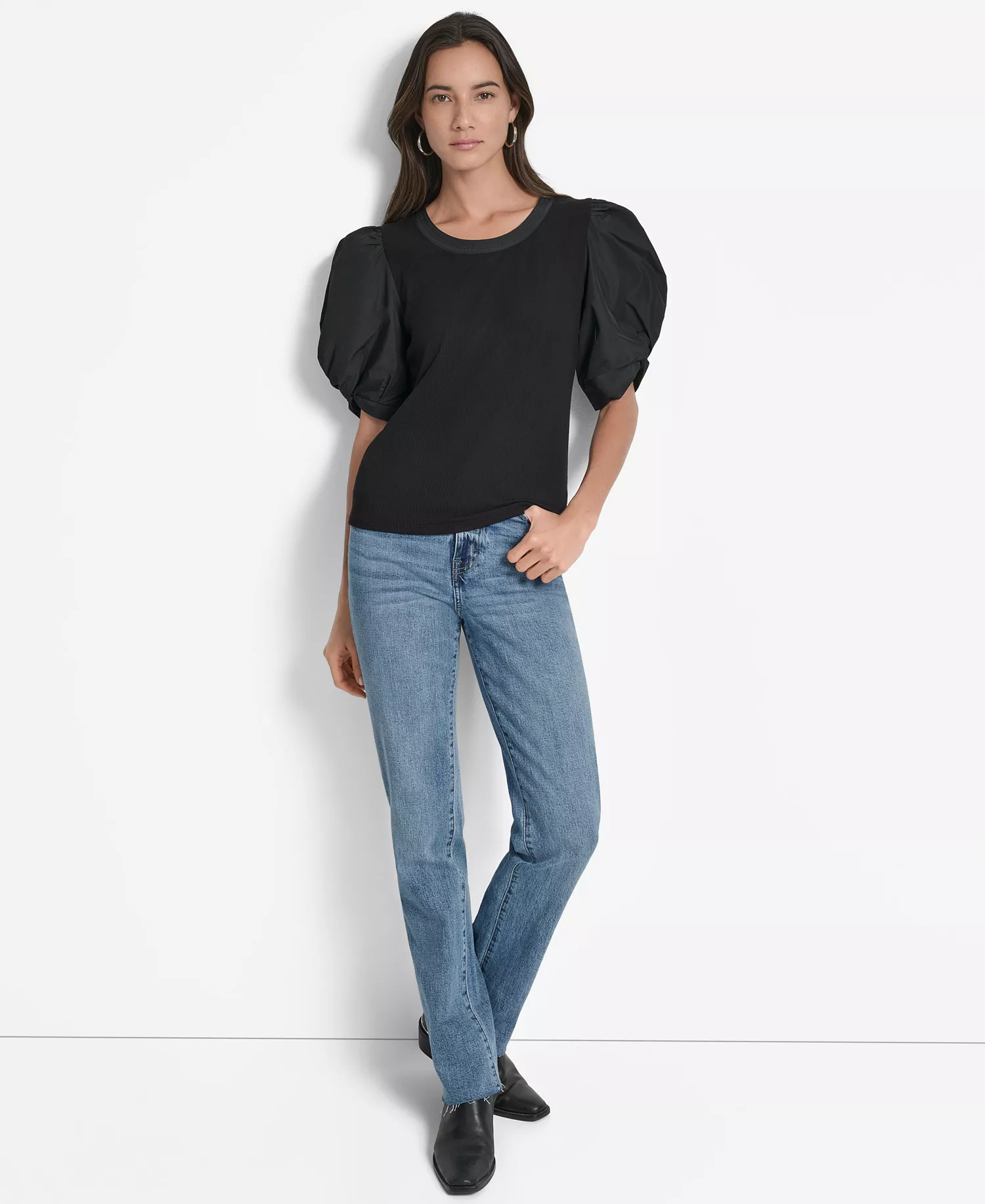 Women's Mixed-Media Taffeta Puff-Sleeve Top - Black - XL