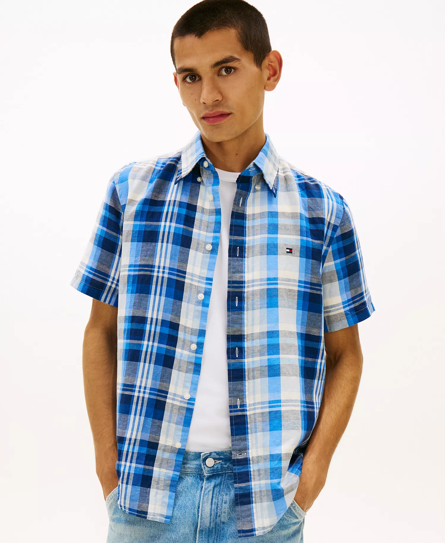 Men's Check Plaid Linen-Blend Short-Sleeve Shirt - Preppy Navy / Check - L