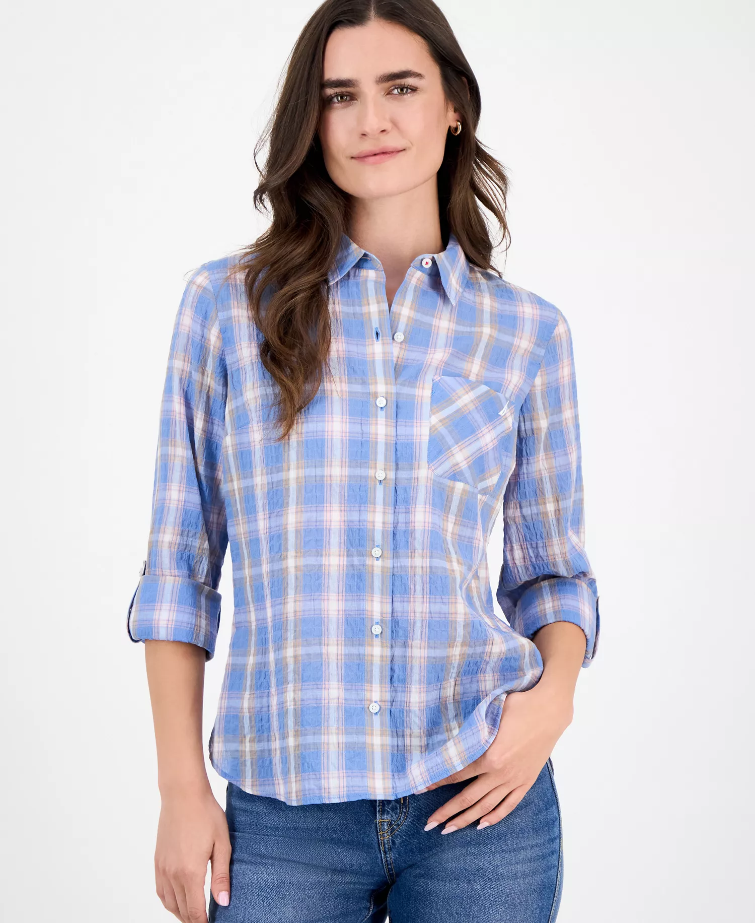 Nautica Women's Cotton Crinkle Plaid Roll-Tab Shirt - Blue Haze Multi - L