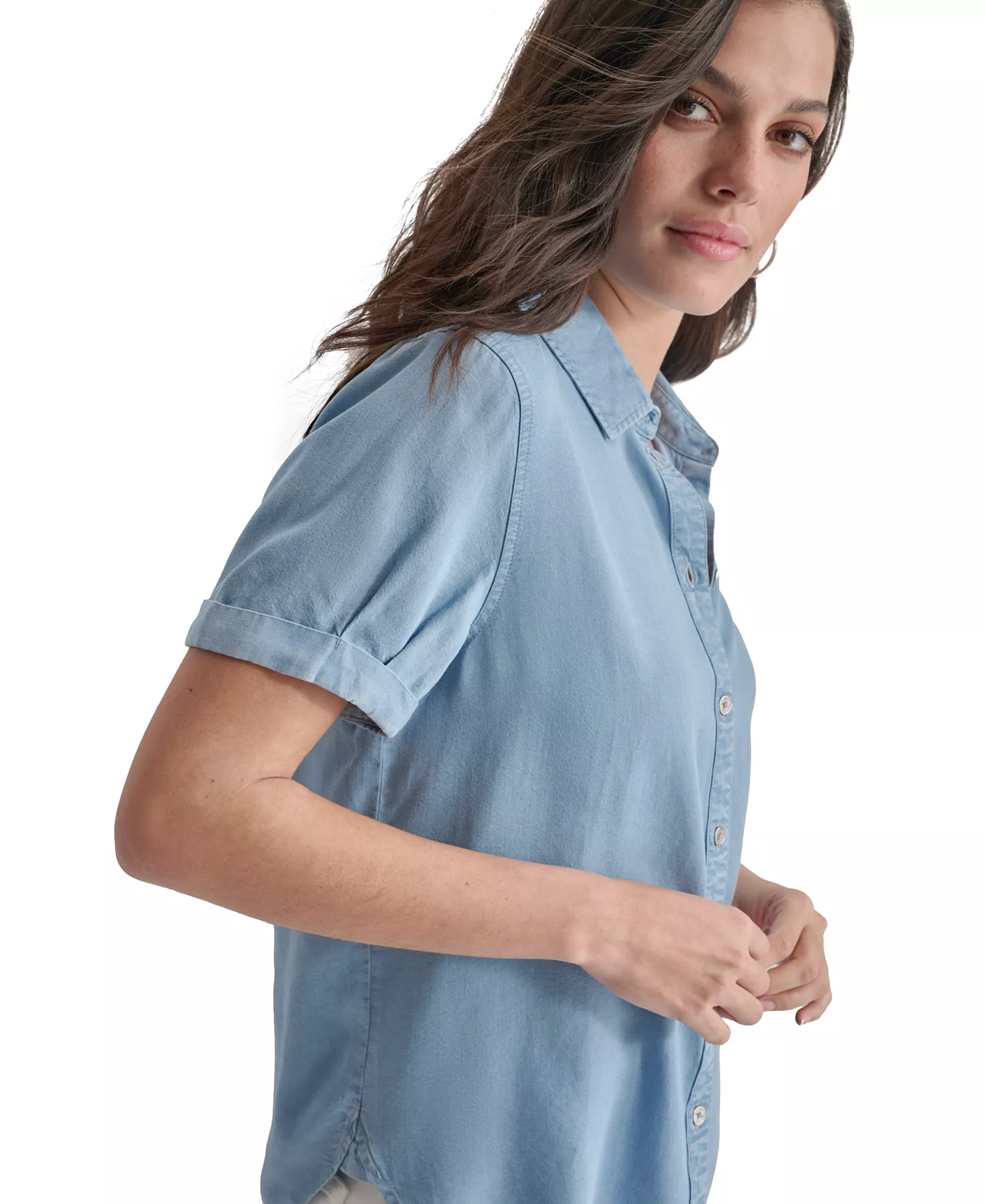Petite Chambray Rolled Short-Sleeve Button-Up Shirt - Chambray - PL