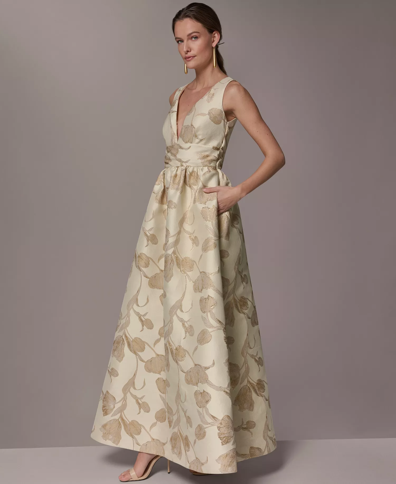 Women's V-Neck Ball Gown - GOLD MULTI - 10