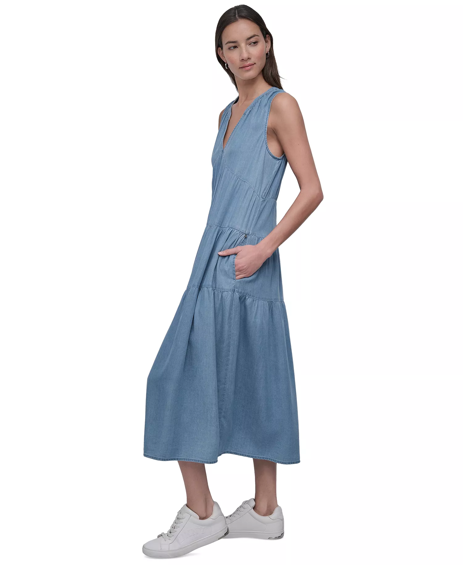 Women's Sleeveless Tiered Midi Dress - FJZ - CHAMBRAY - L