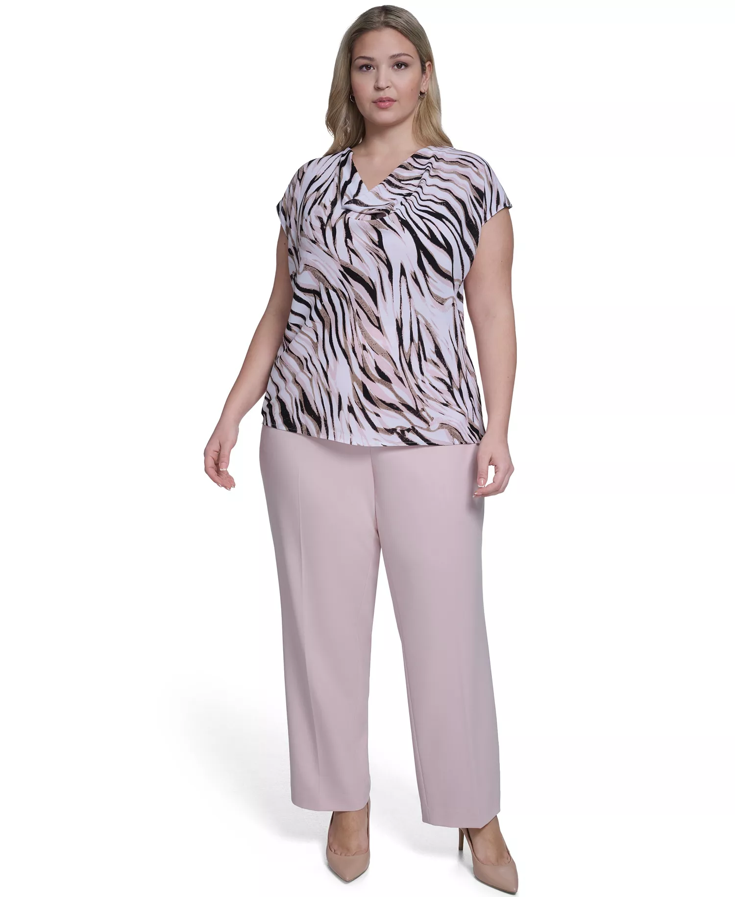 Plus Size Printed Cap Sleeve Cowl Neck Top - Latte Multi - 1X