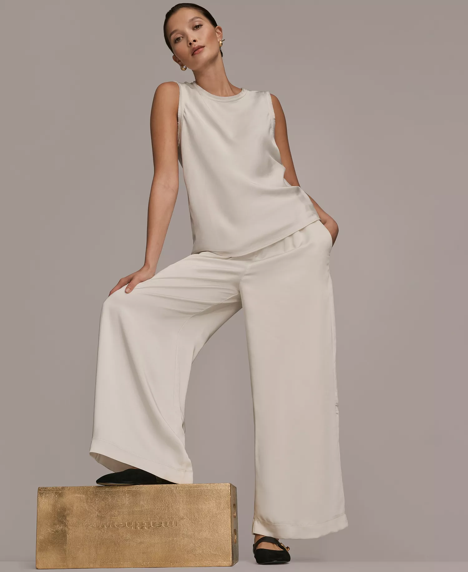 Women's Satin Sleeveless Fringe Trim Blouse - Cream - 10