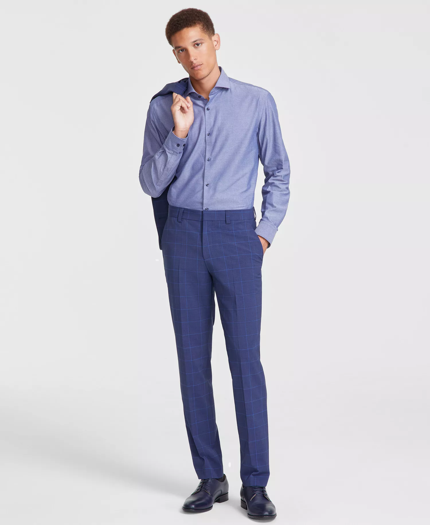 Men's Modern-Fit Windowpane Check Suit Pants - Dark Blue - 30R