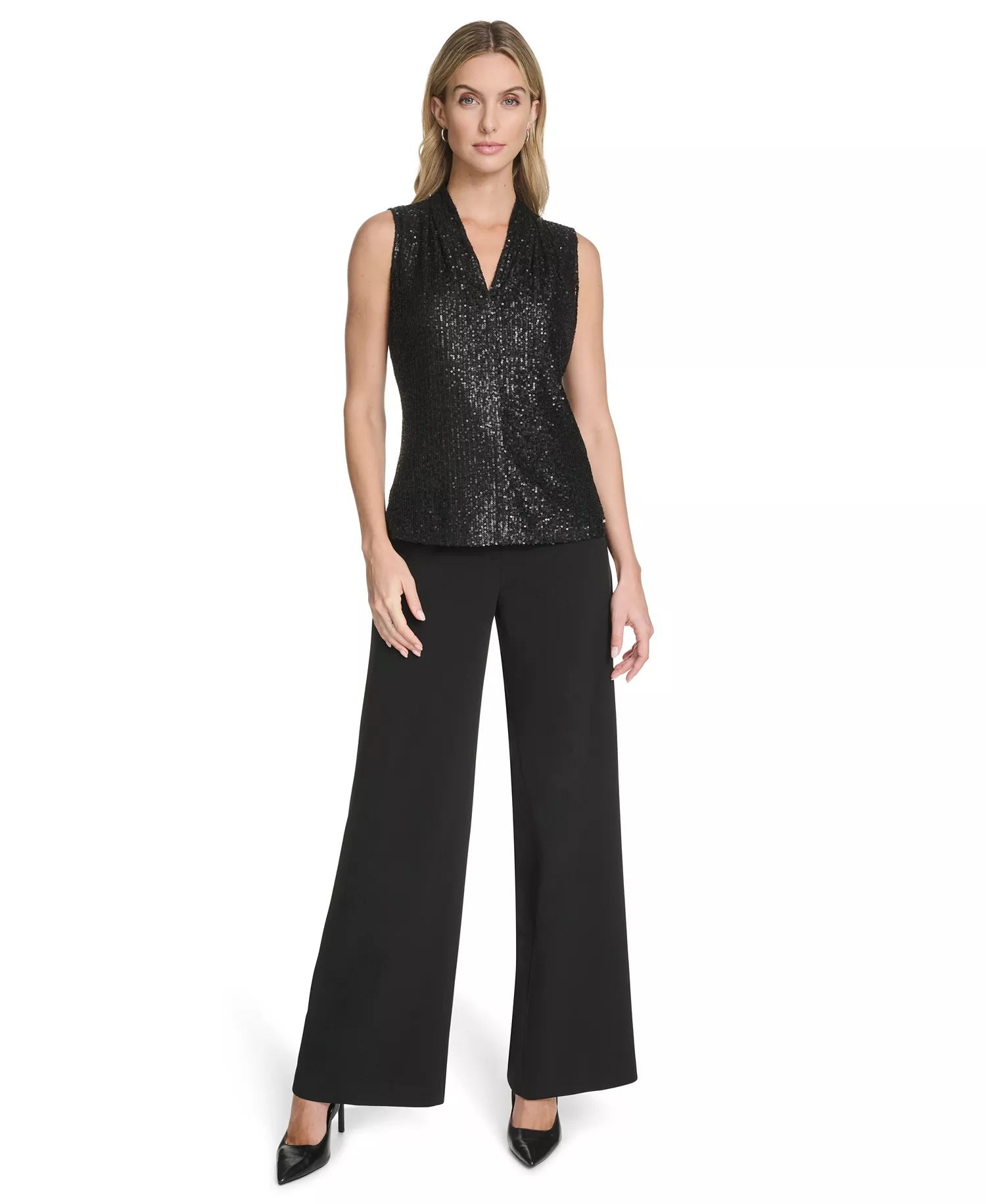 Women's Sequin Detail V-Neck Blouse - Black - L