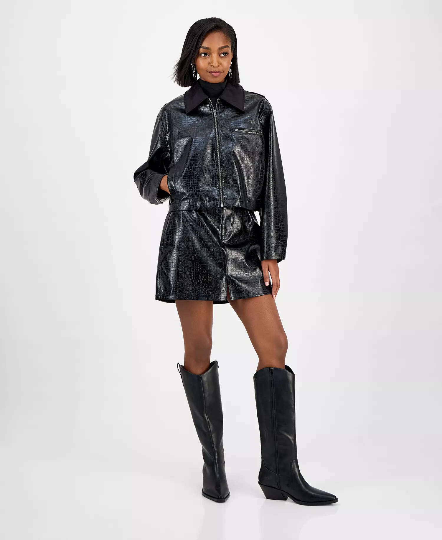 Women's Embossed Faux Leather Cropped Jacket, Macy's Exclusive - Deep Black - M