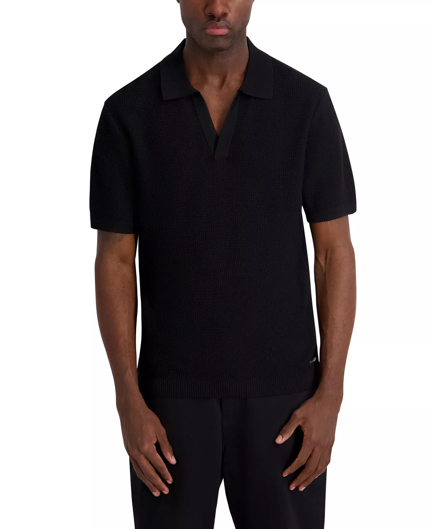Men's Open Weave Johnny Collar Polo Shirt - Black - 2XL
