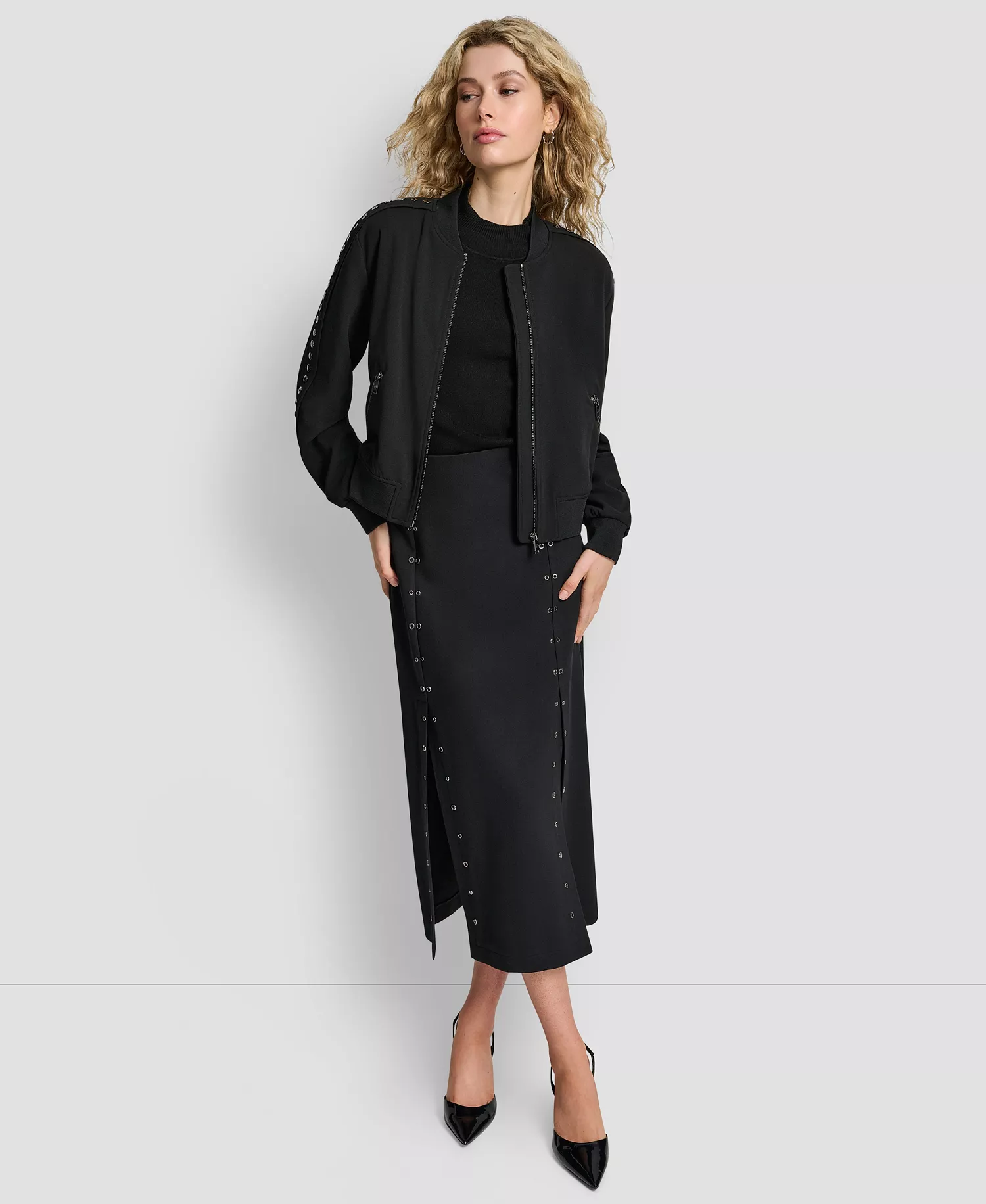 Women's Round Neck Double Weave Grommet Bomber Jacket - Black - M