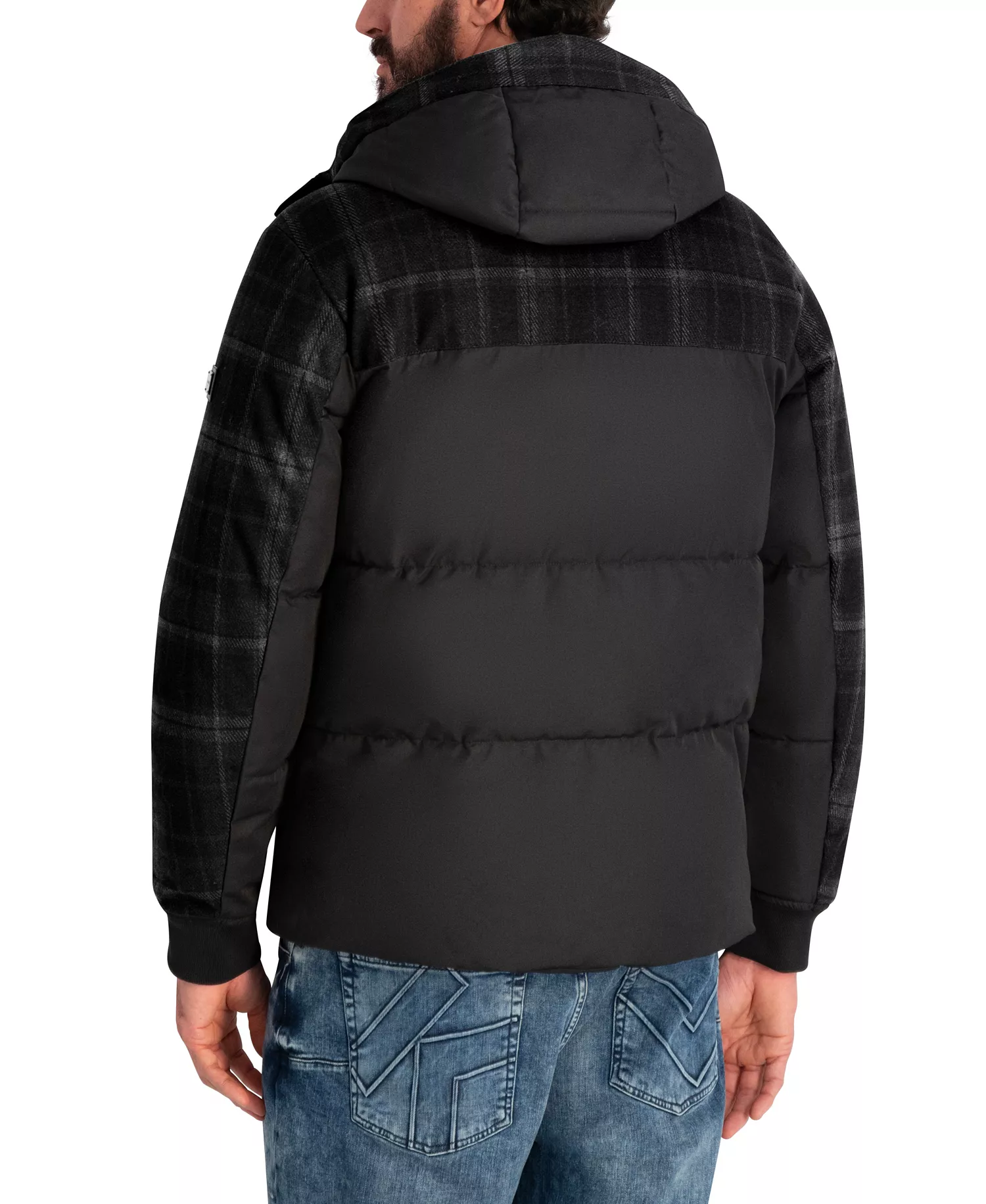 Men's Mixed Media Hooded Puffer Jacket - Black Combo - 2XL