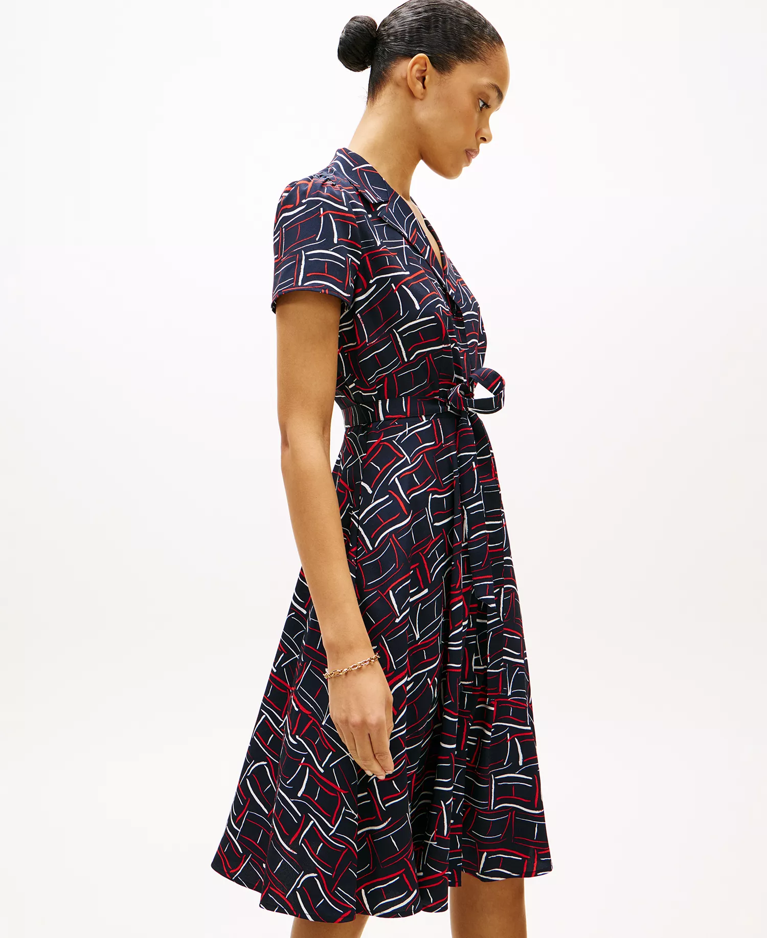Women's Fluid Printed Collared Shirt Dress - Blue - L