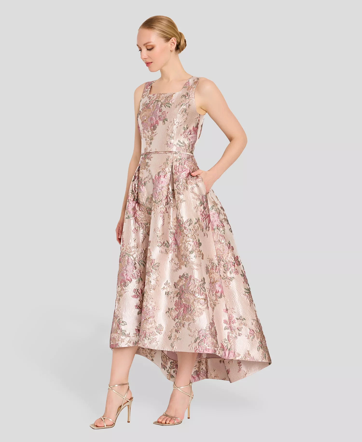 Women's Metallic Jacquard High-Low Square Neck Dress - Petal - 10