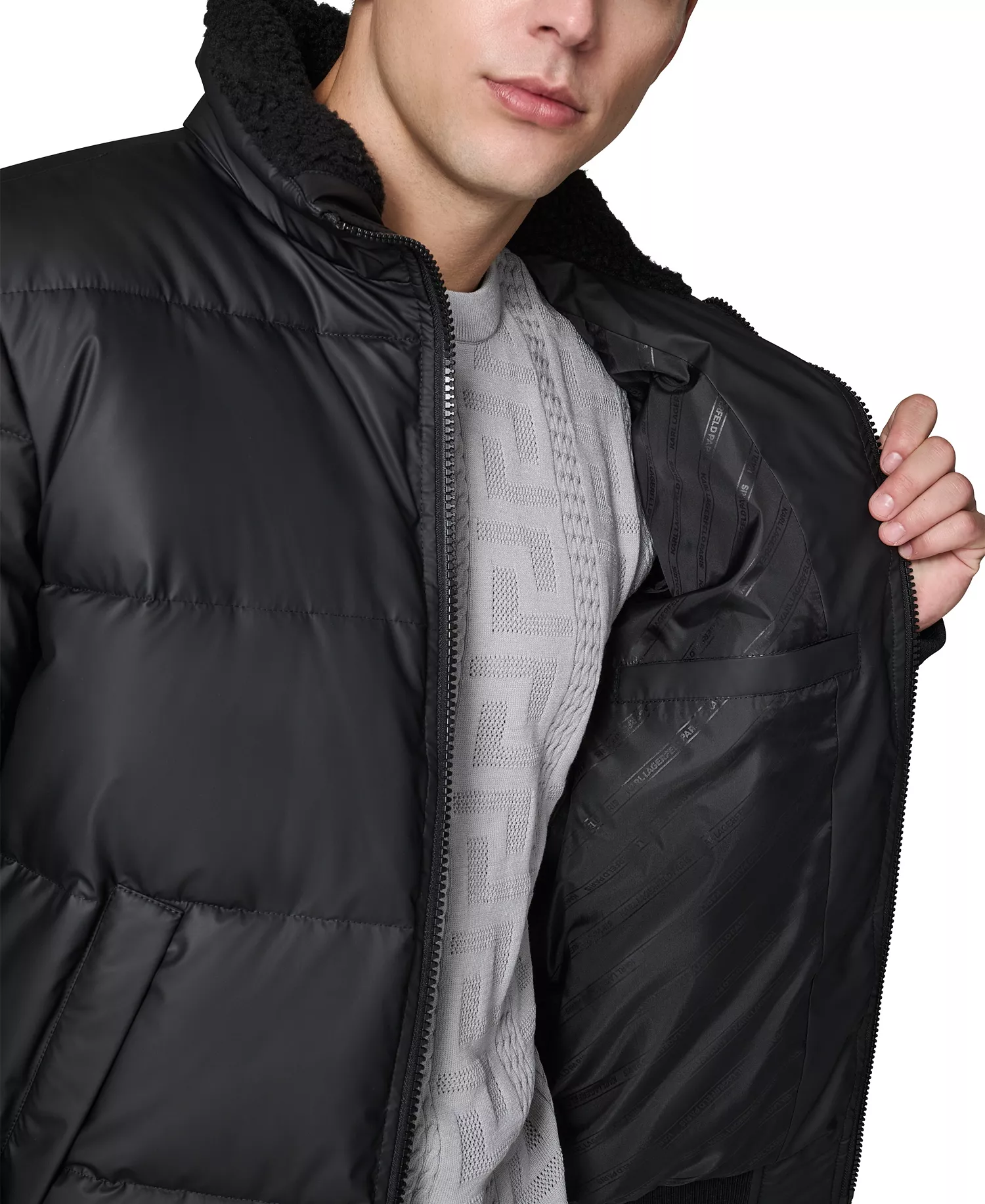 Men's Sherpa Lined Stand Collar Puffer Jacket - Black - L