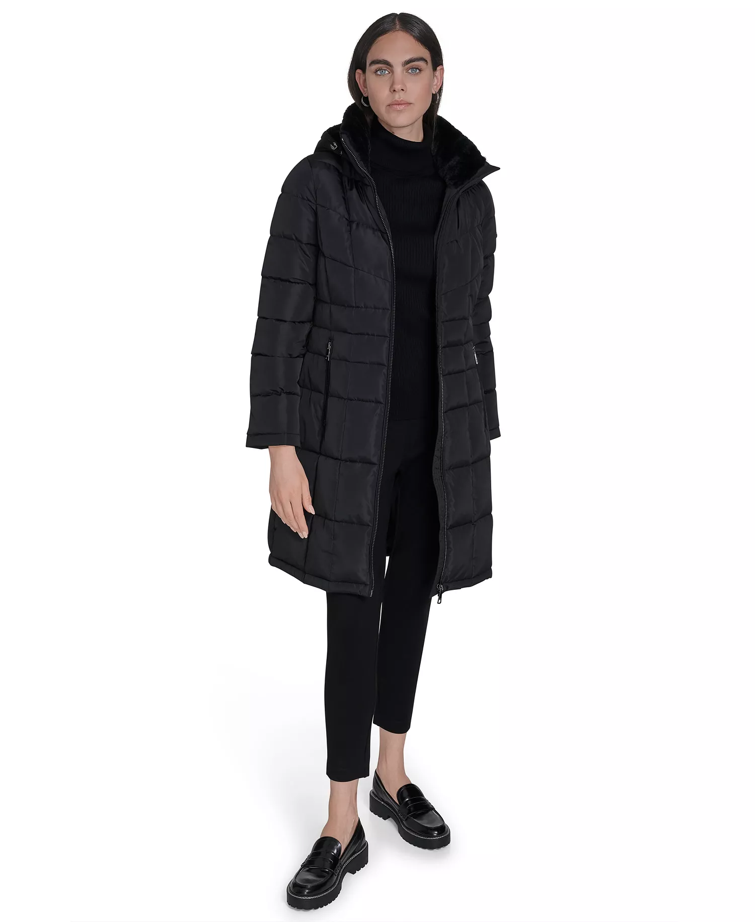 Women's Hooded Stand Collar Puffer Coat - Black - L