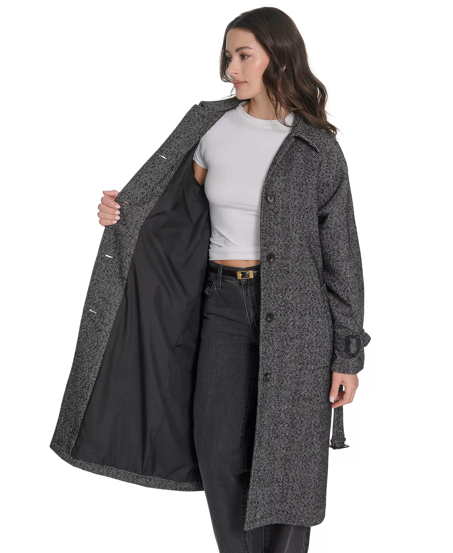 Women's Single Breasted Trench Jacket - Black/White Houndstooth - L
