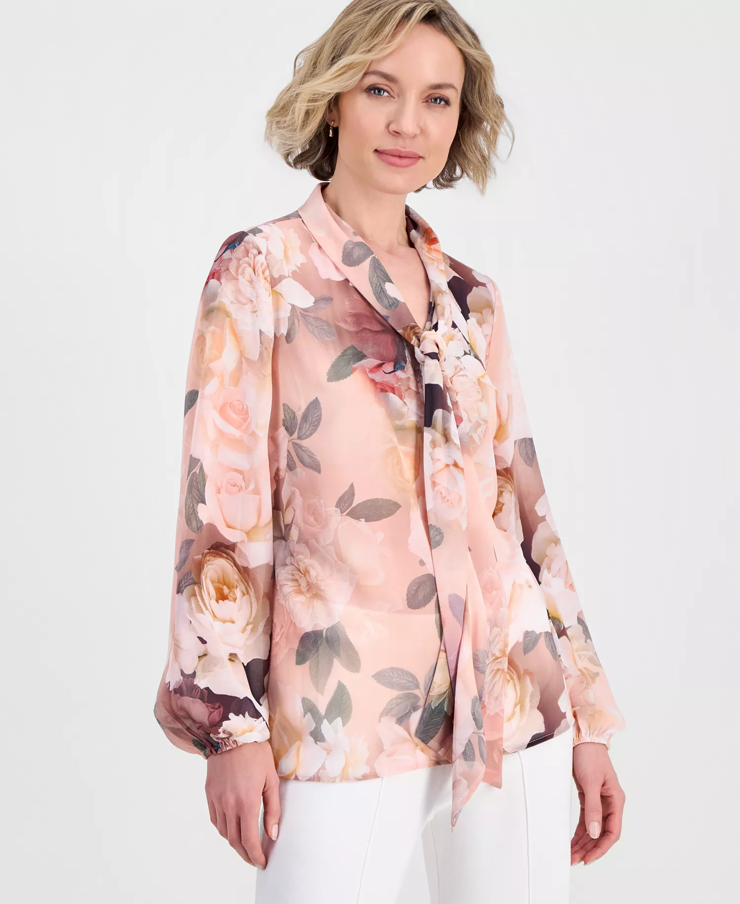 Women's Printed Chiffon Tie-Neck Blouse - Mocha Rose - L