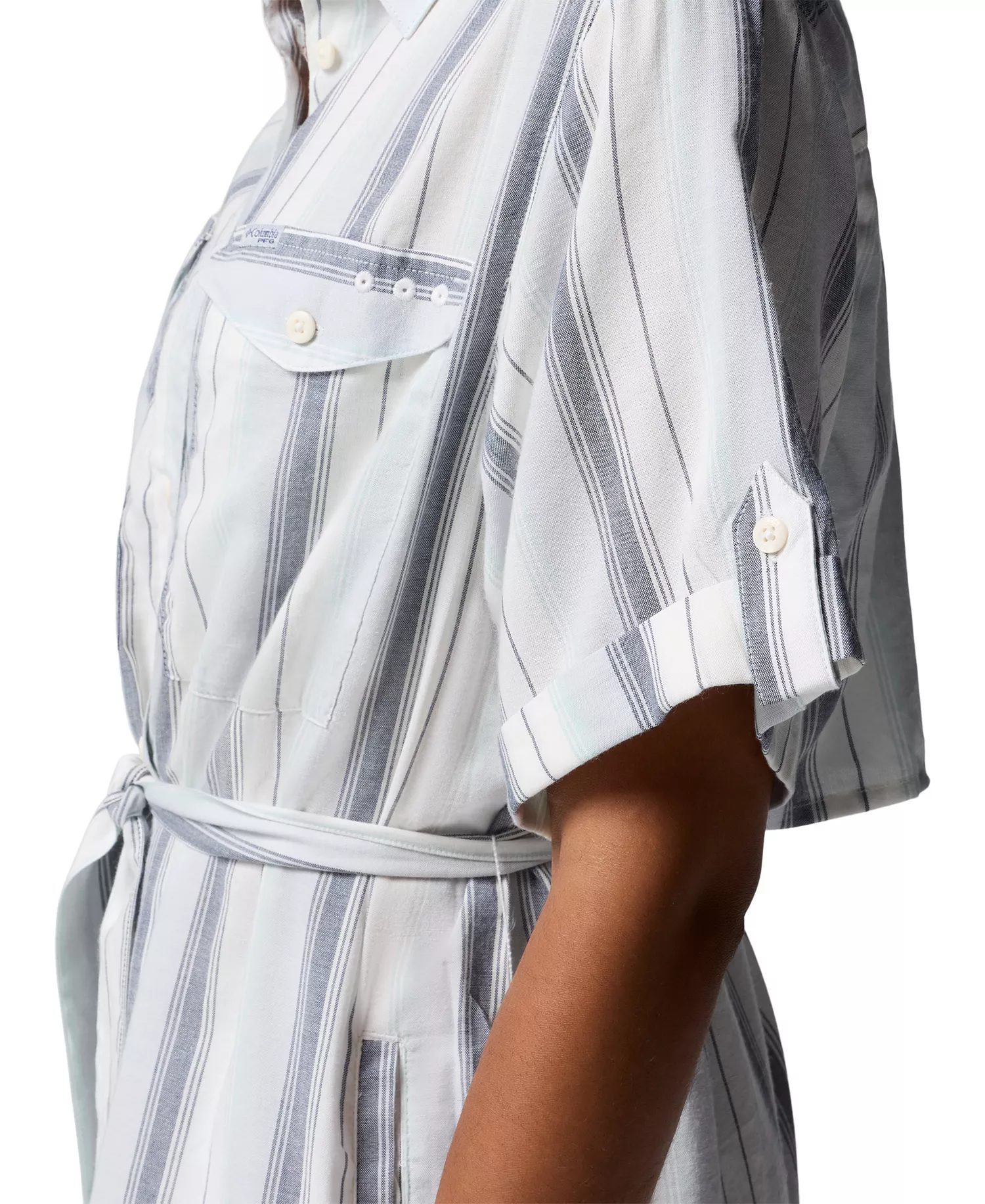 Women’s Striped Short-Sleeve Shirt Dress - Cirrus Grey, Lowtide Stripe - L