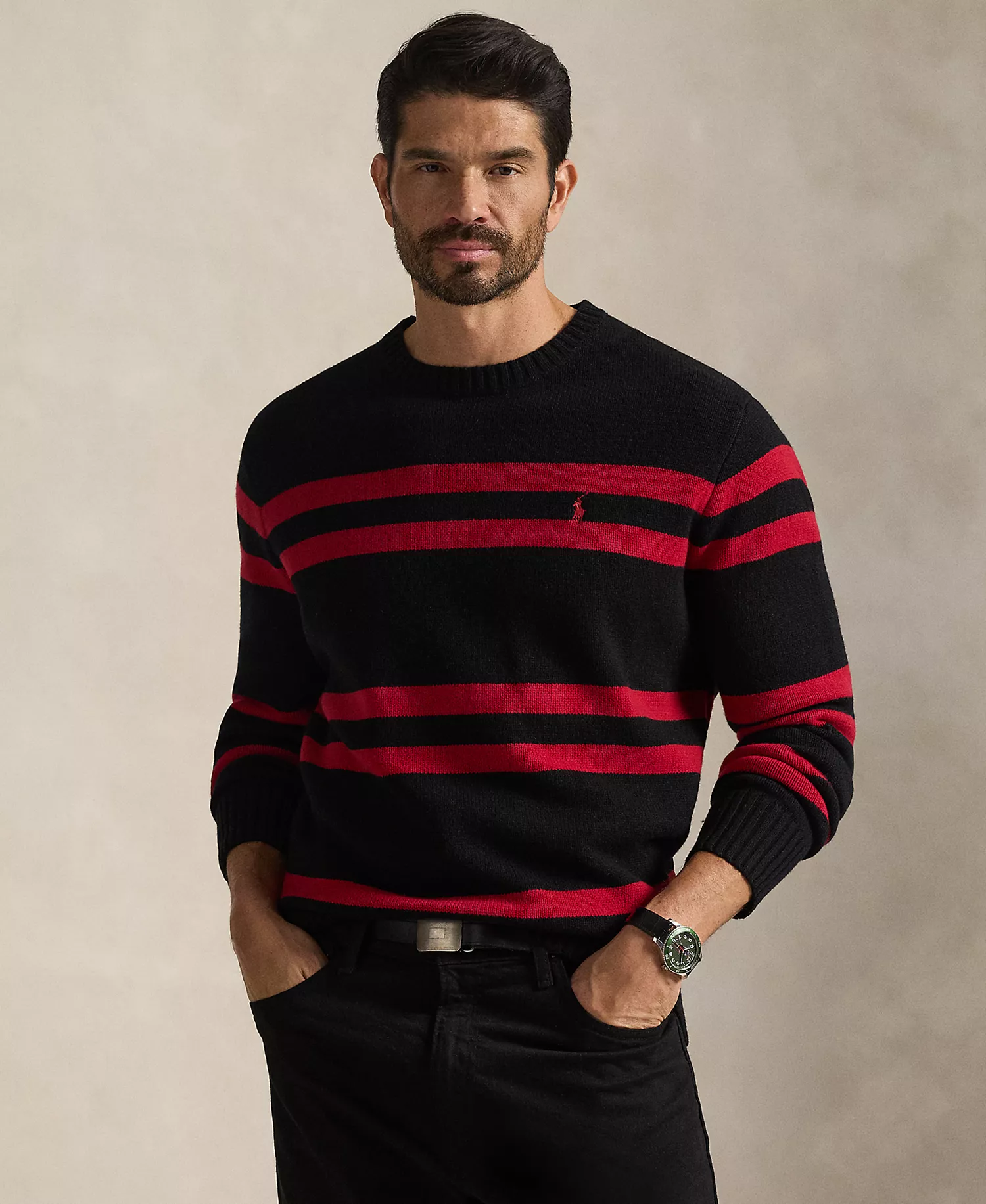 Men's Big & Tall Long-Sleeve Striped Sweater - Polo Black Combo - XLT