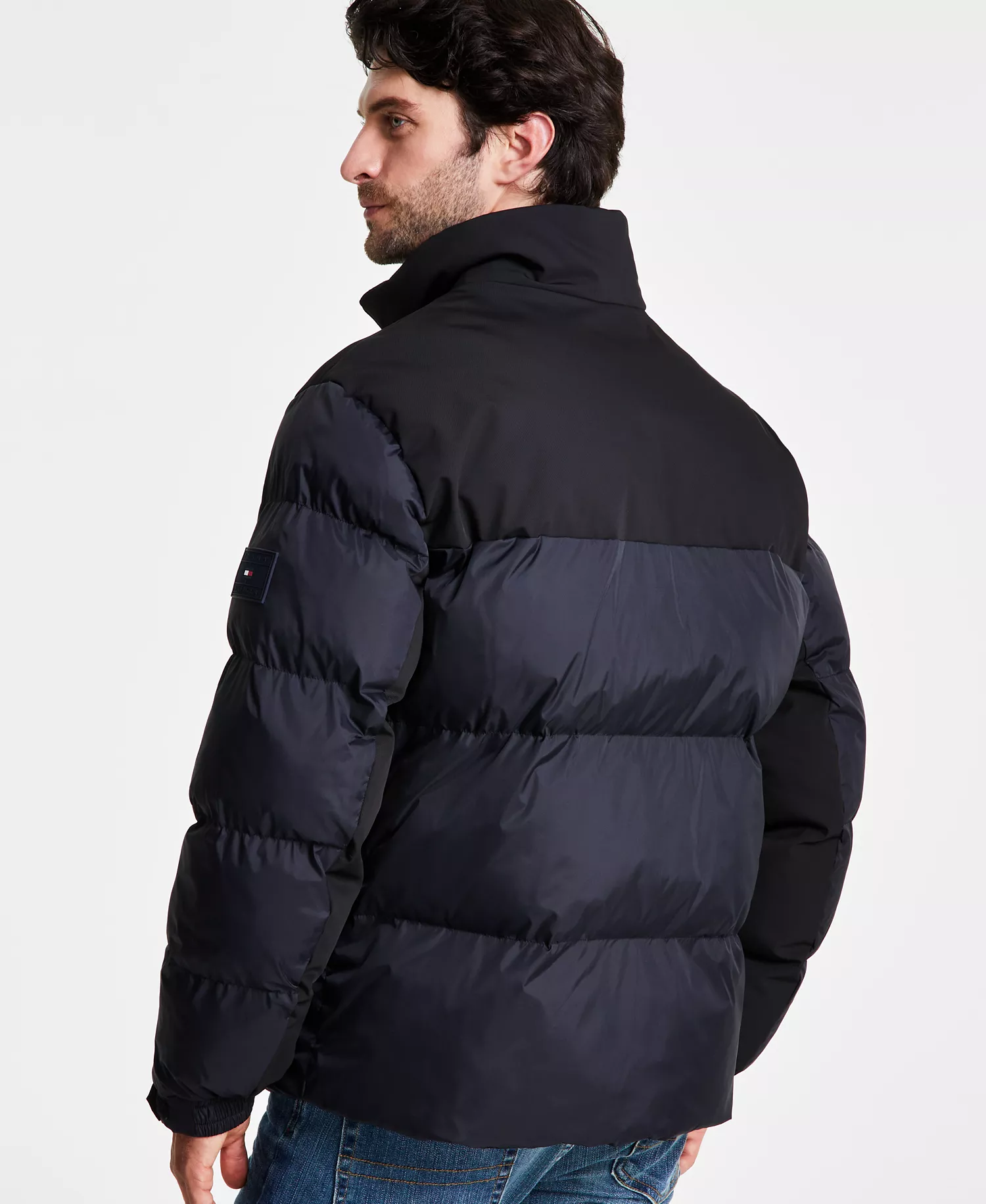 Men's Mixed-Media Puffer Jacket - Black - 2XL