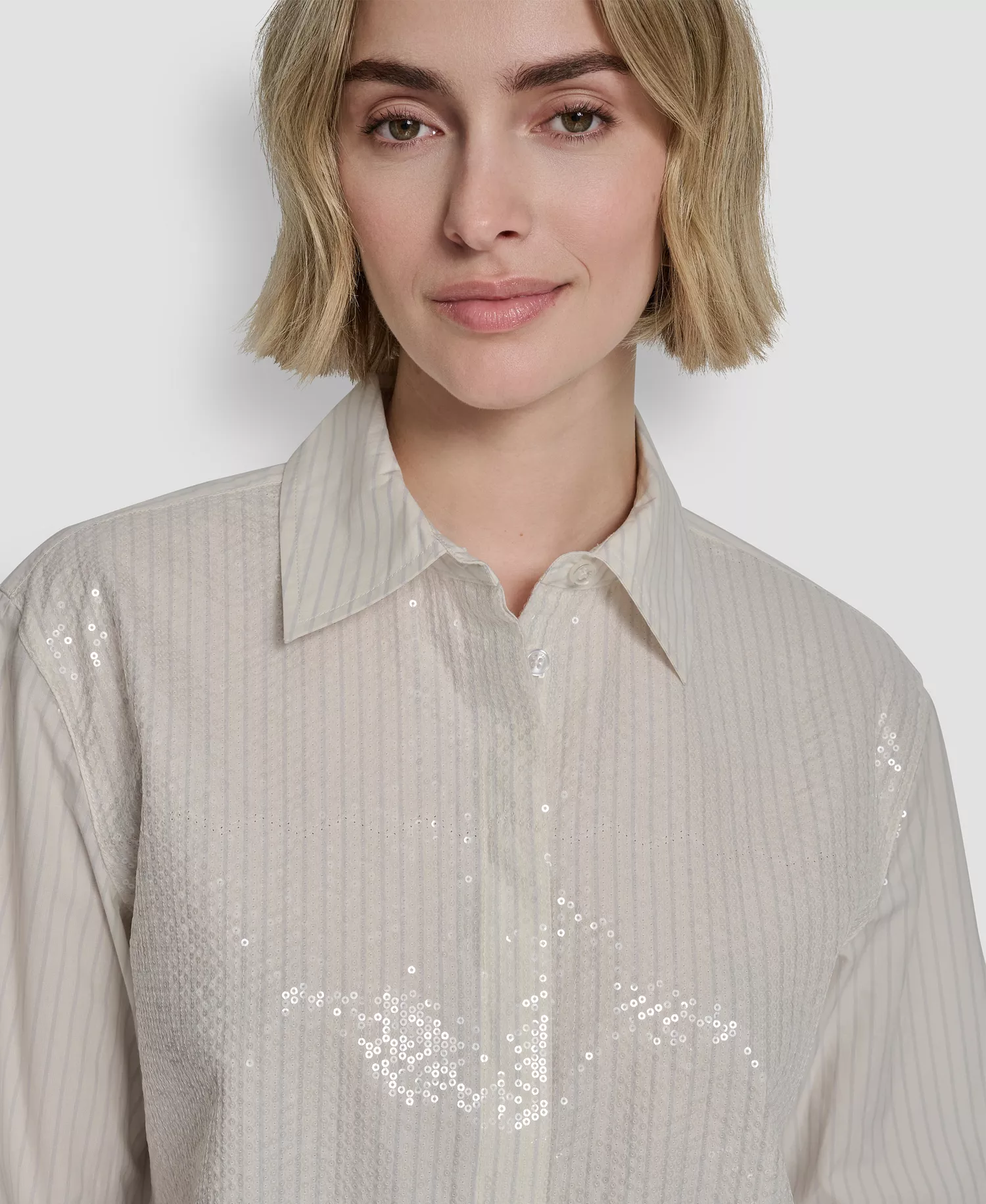 Women's Logo Embroidery and Sequin Button-Front Shirt - Lasalle Stripe-eggnog/zinc - L