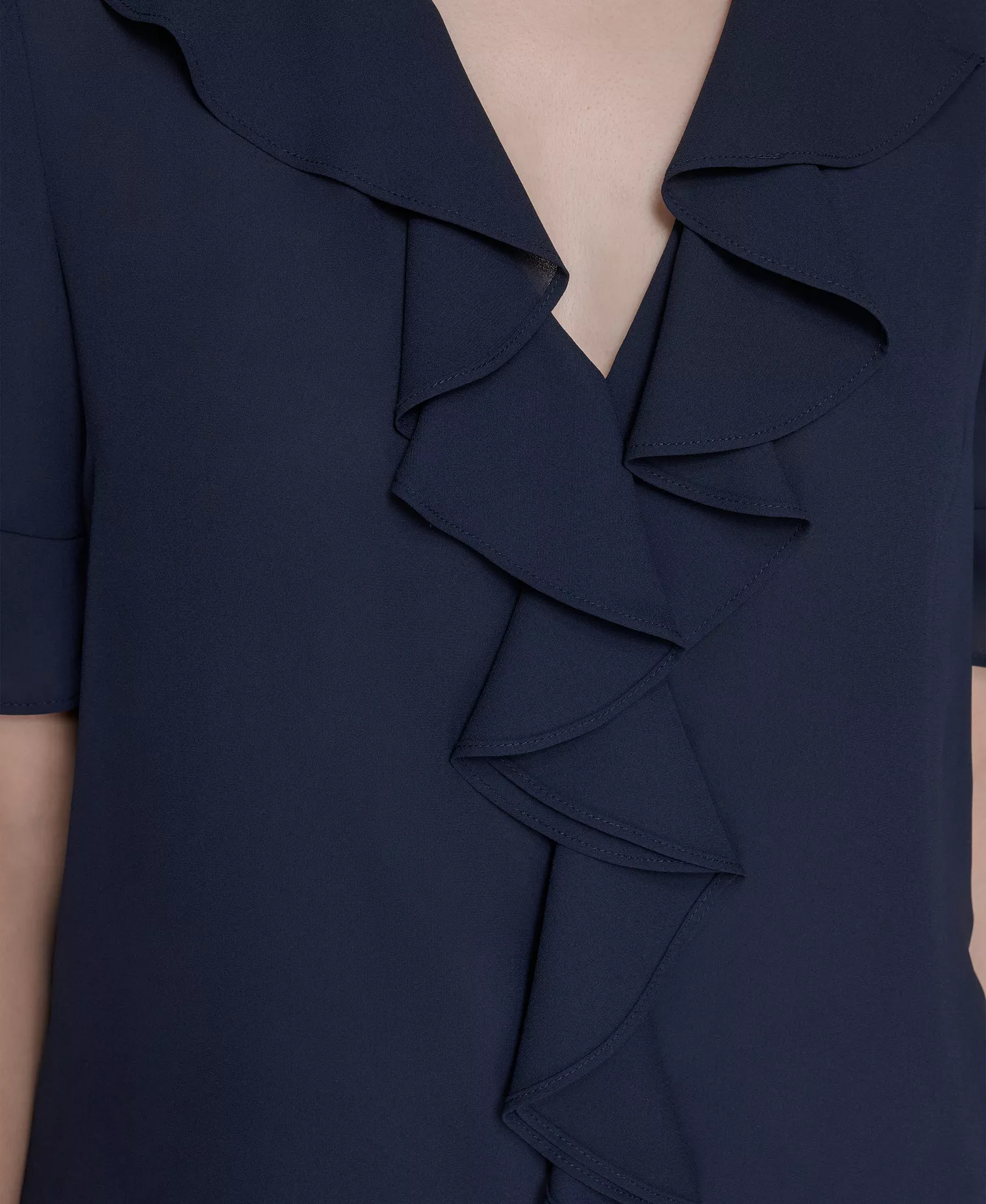 Women's V-Neck Ruffle Front Top - Navy - L