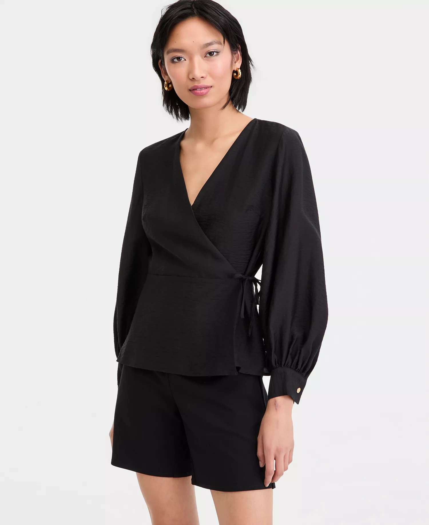 Women's Long Sleeve Textured Wrap Blouse, Macy's Exclusive - Deep Black - L