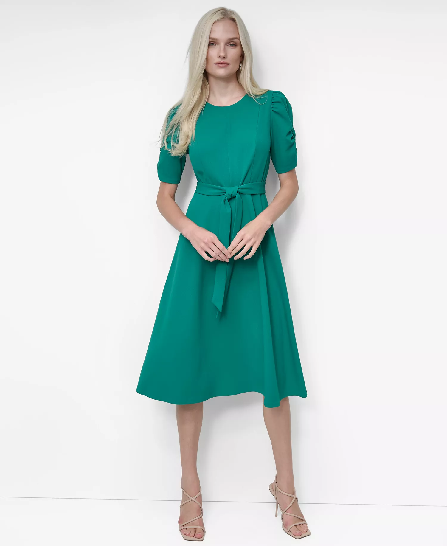 Women's Short-Sleeve Scuba Crepe Belted Fit and Flare Midi Dress - Meadow - 6