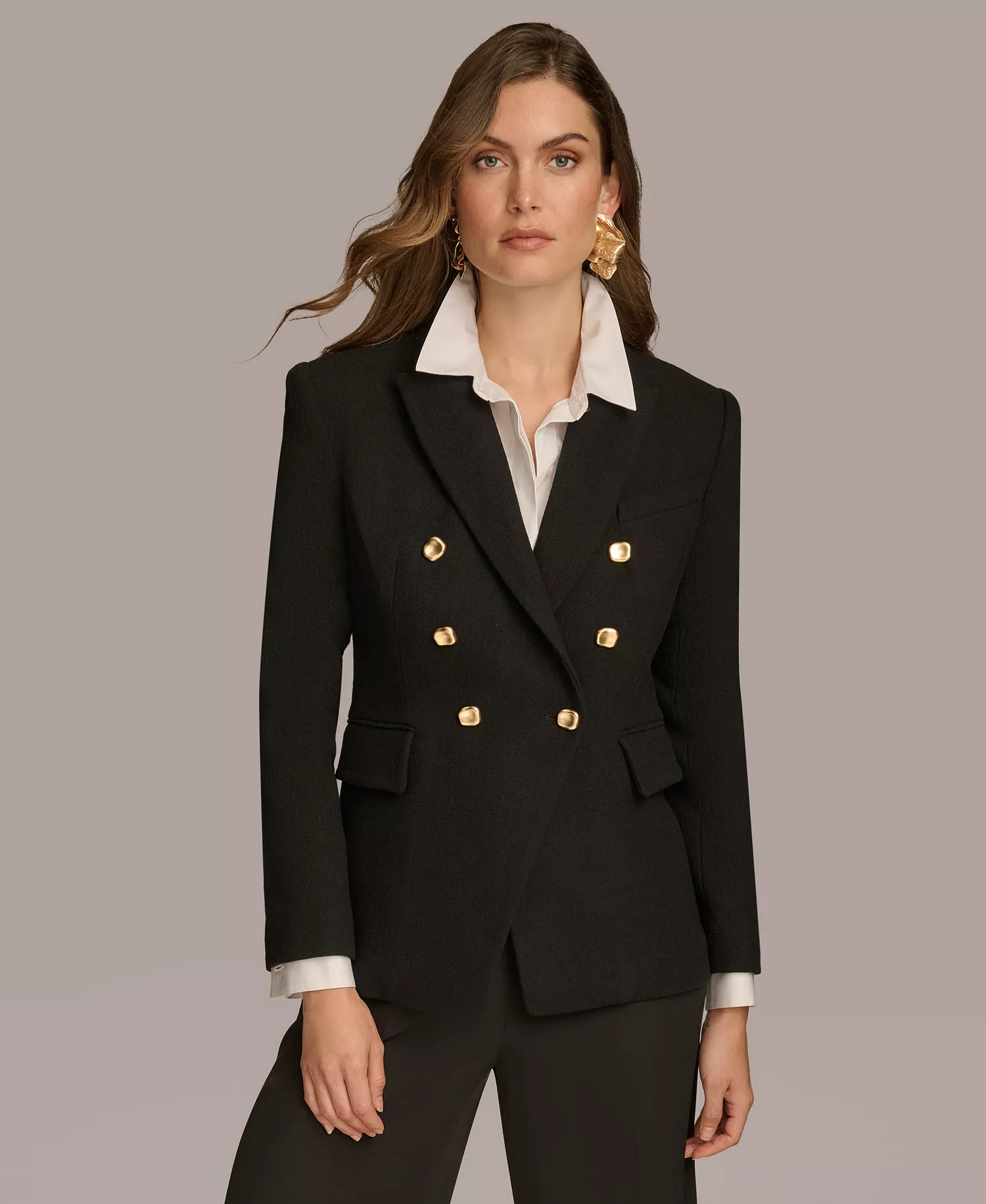 Women's Double Breasted Buttoned Blazer - Black - L
