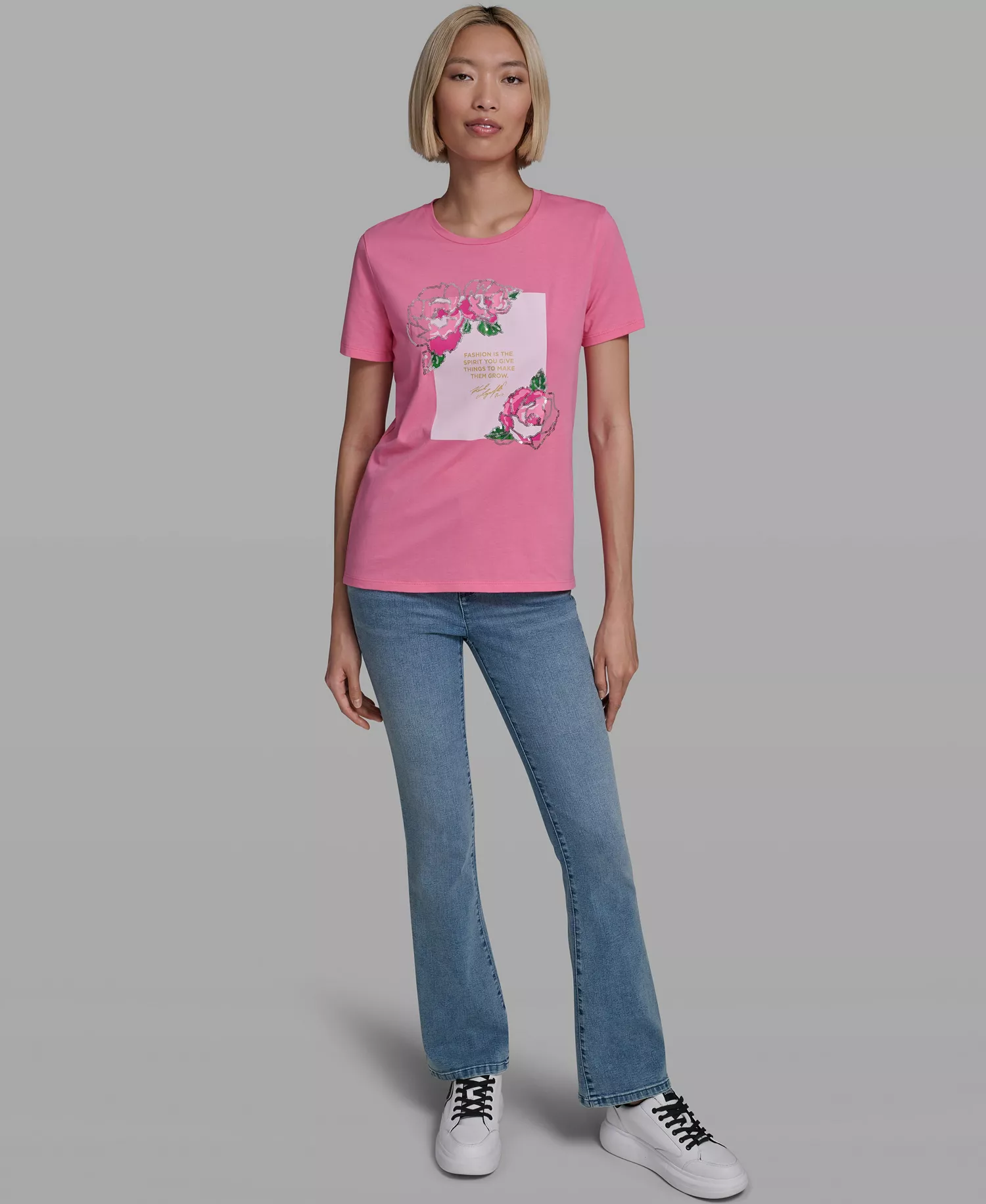 Women's Rose Print Crew Neck T-Shirt - Pink Carnation - L