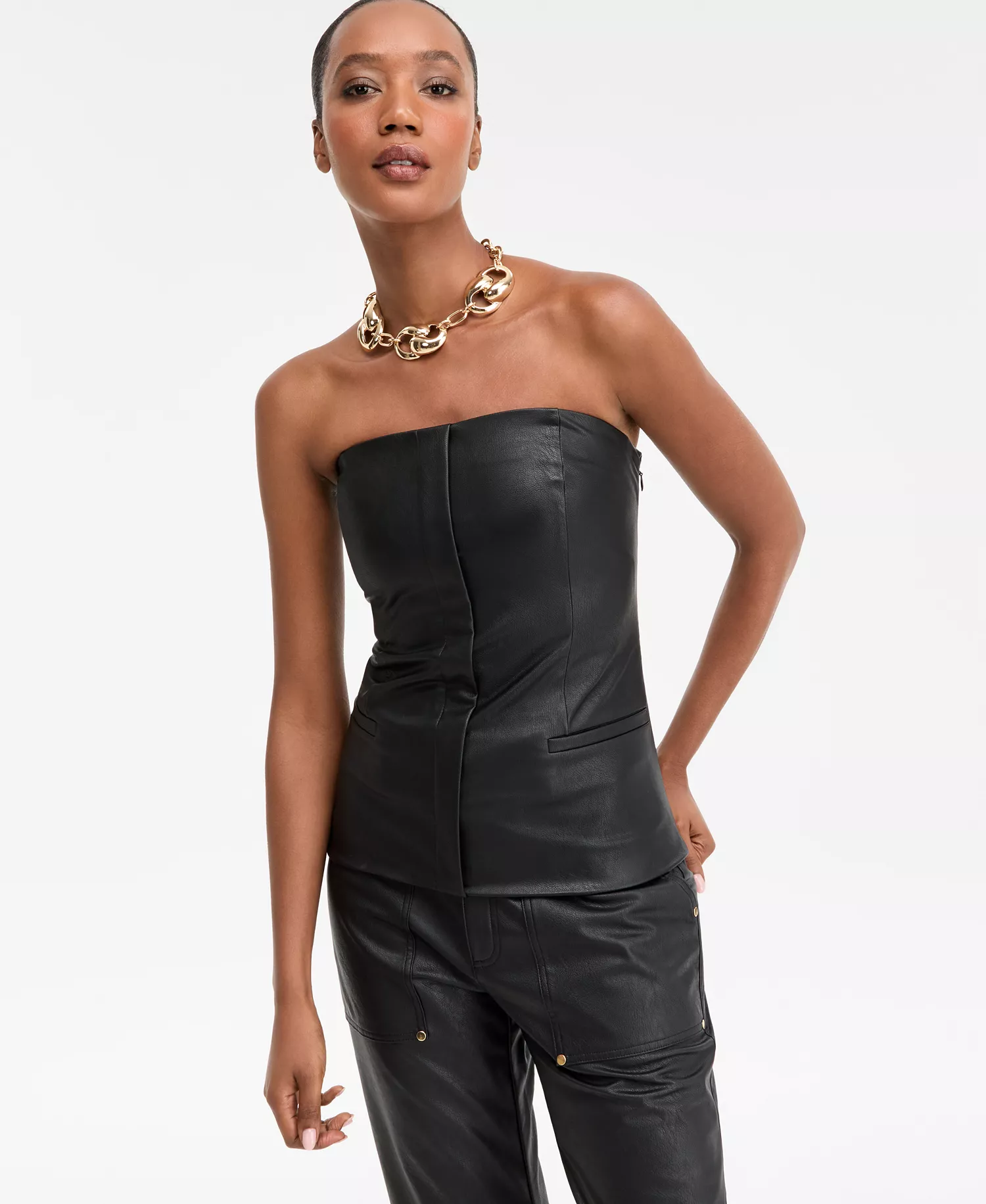Women's Faux-Leather Strapless Top, Macy's Exclusive - Deep Black - 2